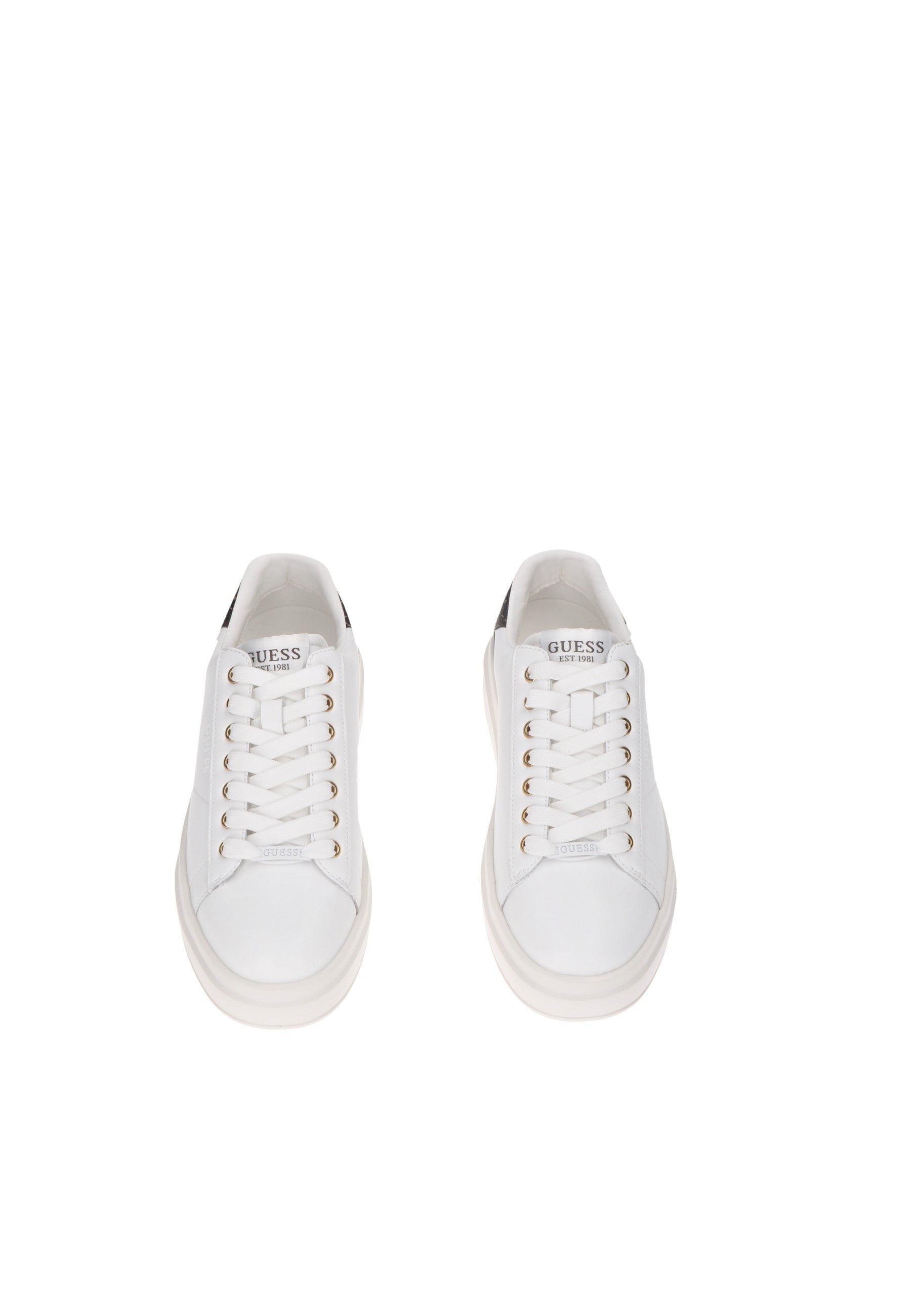 White GUESS Elbina sneakers with lace-up closure and logo detailing on the tongue and sides.