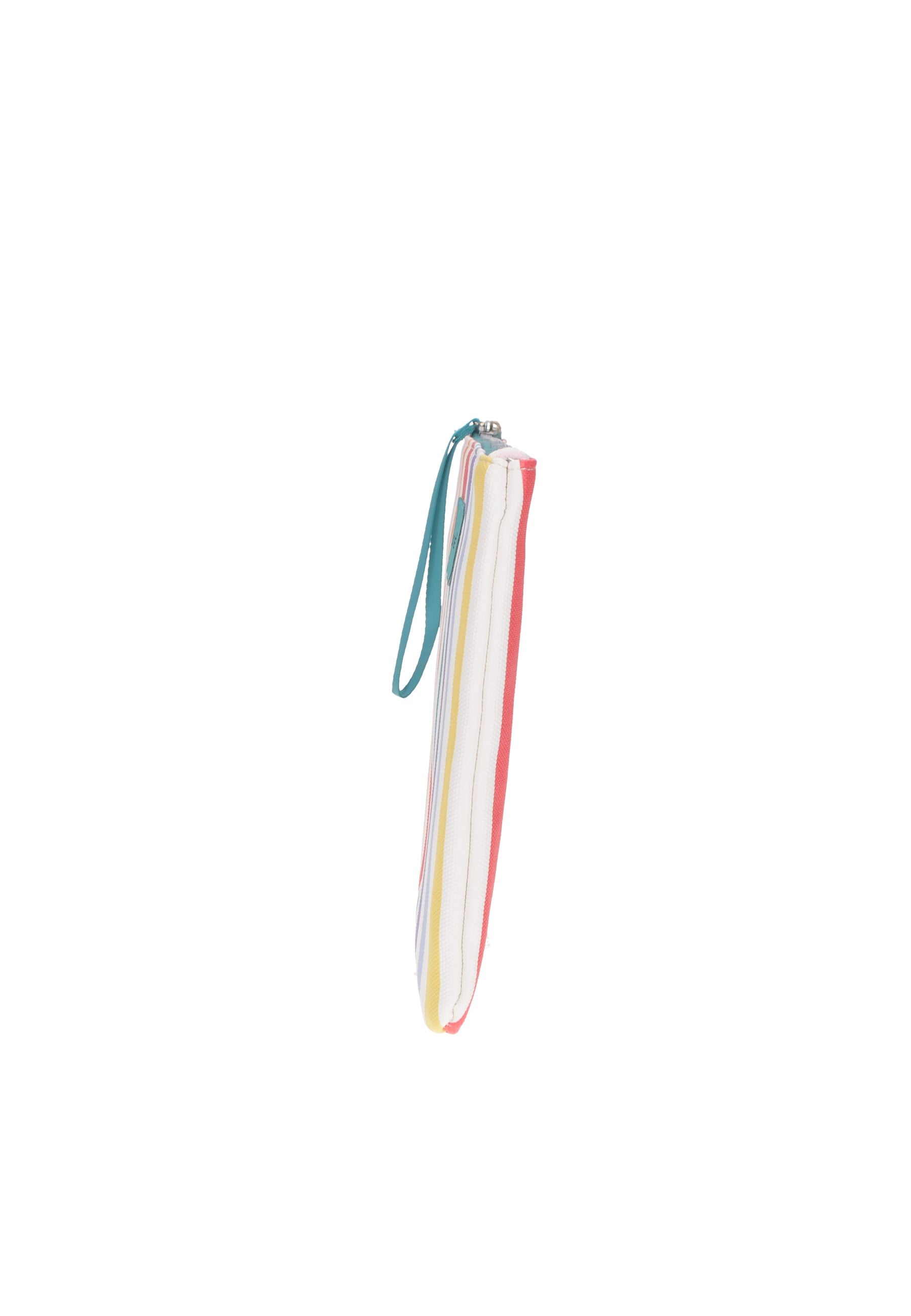 Colorful striped pochette with zipper, ideal for beach days or as a small cooler bag.