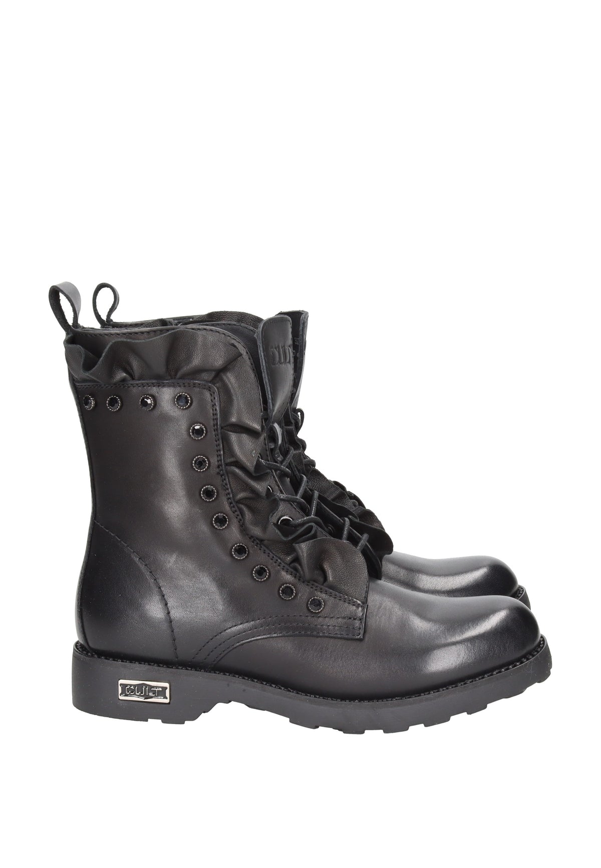 CLW320200 Boot CULT in black leather with laces, side zipper, and stylish studded detailing.