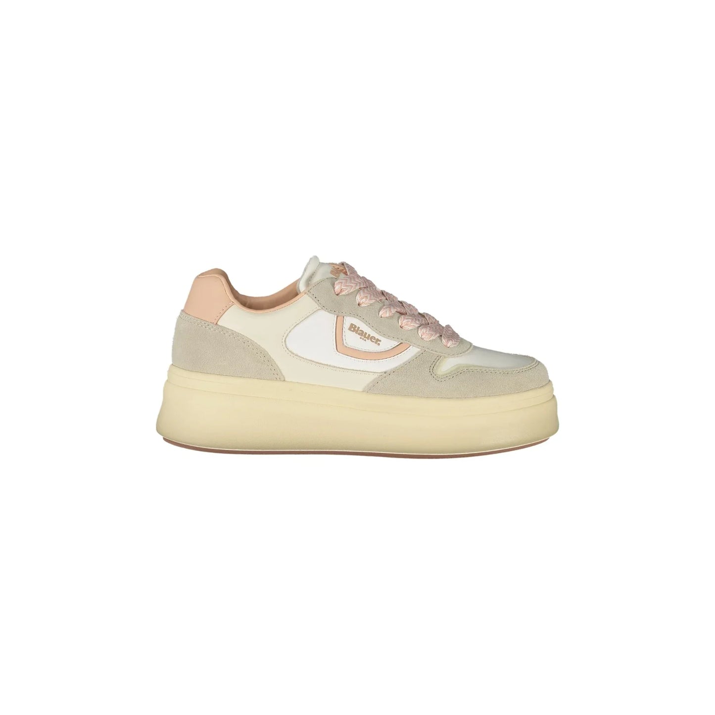 Weiße Damen-Sneaker von BLAUER mit Schnürsenkeln und cremefarbenen/rosa Details 