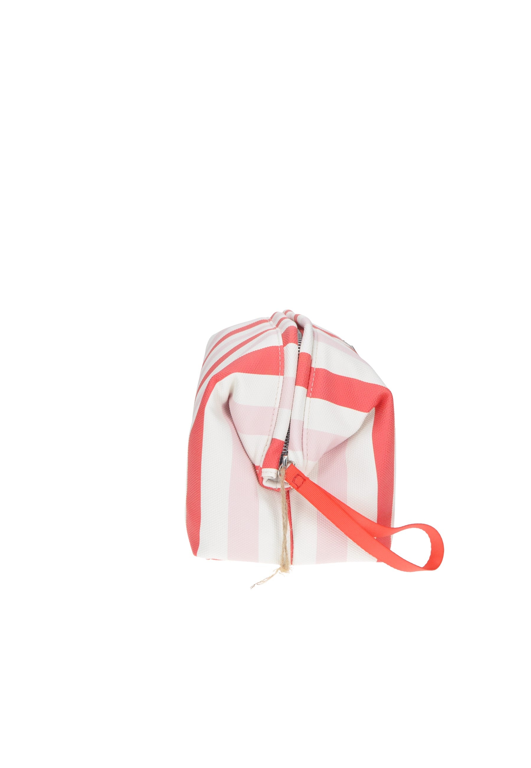 Stripes pochette KUVE' in pink and white, features zipper closure and carry handle, ideal for beach lunches.