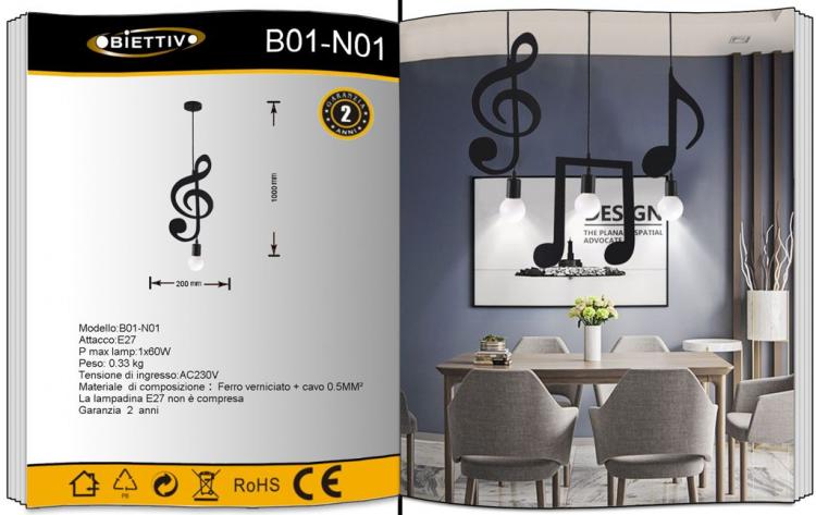 Modern E27 LED Musical Note Black Pendant Light Lamp Holder B01N1