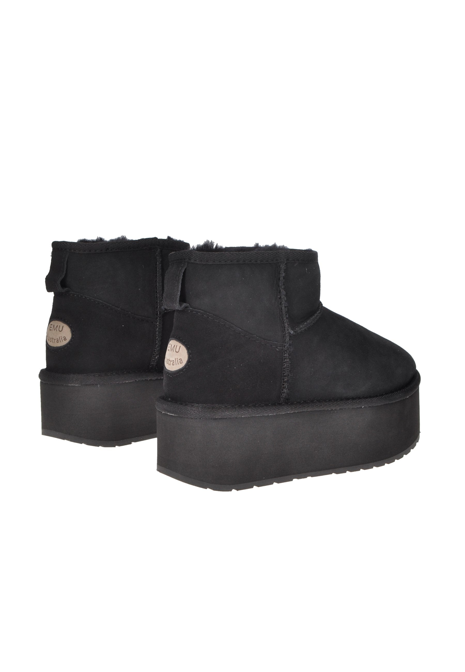 W13082 Boot EMU AUSTRALIA black micro flatform shoes with soft Australian sheepskin lining.