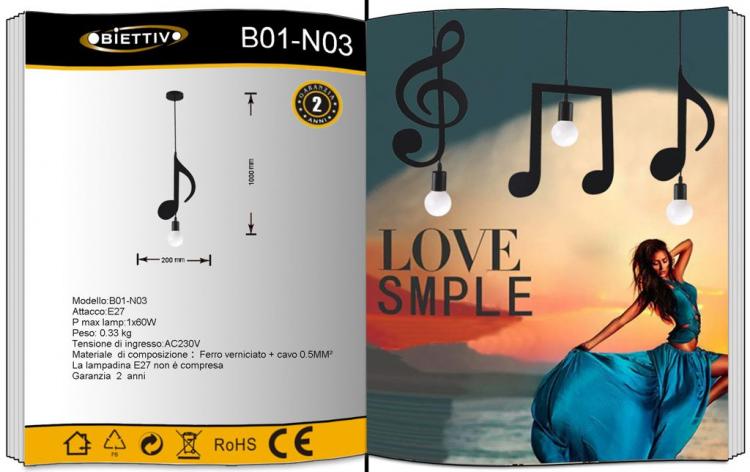 Pendant Light Black LED Lamp Holder 2 Musical Notes Modern E27 B01N3