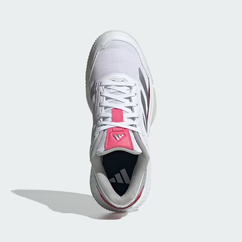 Scarpe da Padel Courtquick Donna Cloud White/Silver Metallic/Lucid Pink viste dall'alto, con dettagli rosa e struttura leggera.