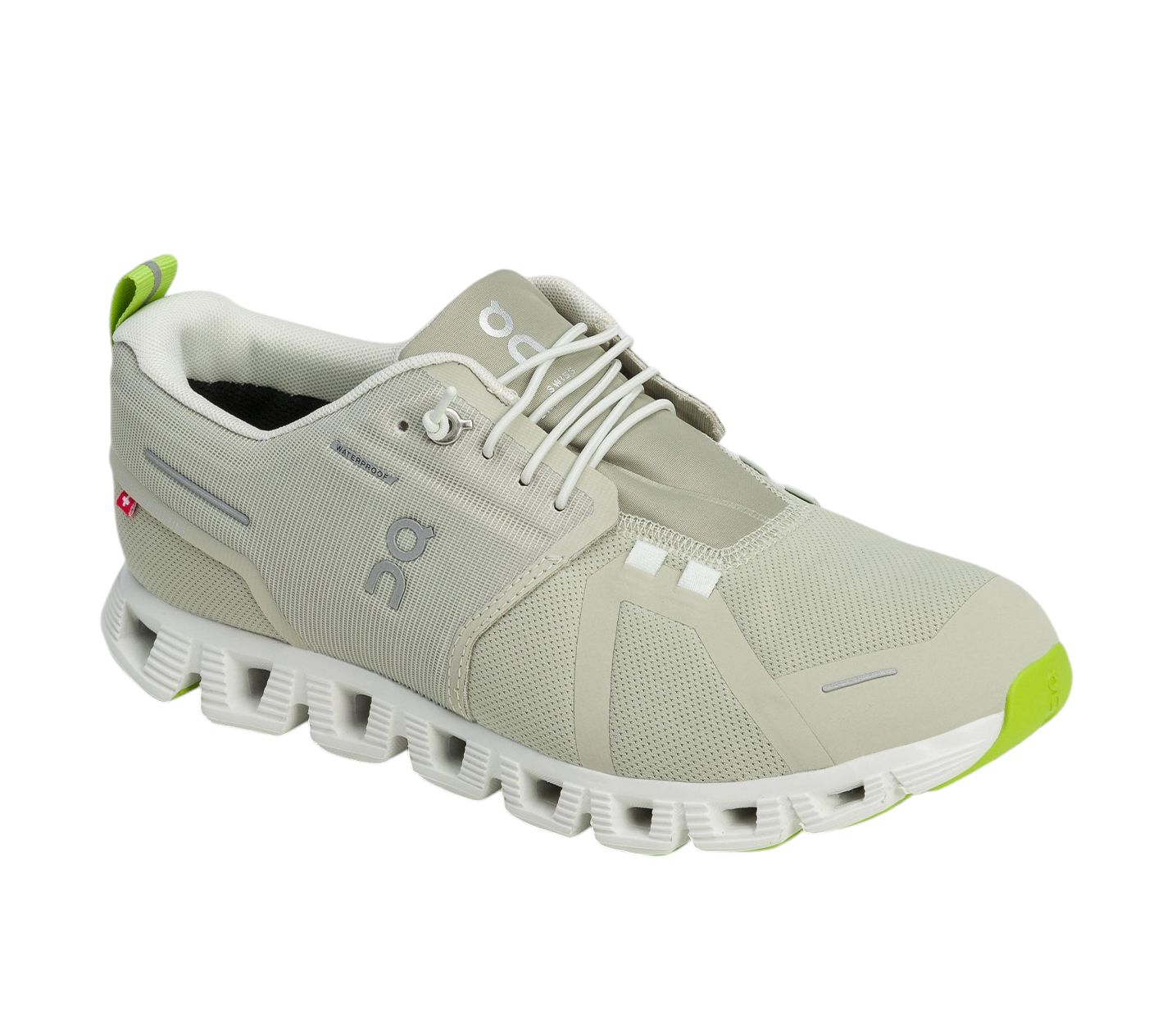 Scarpe Cloud 5 Waterproof Donna Chalk/Ice in colorazione chiara con dettagli verdi.