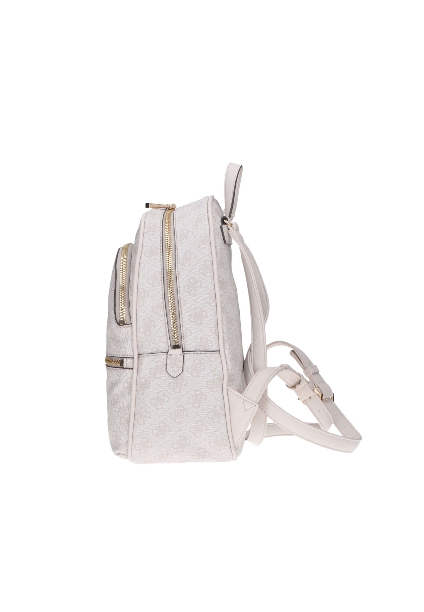 Side view of the stylish GUESS Manhattan backpack in eco-leather with zipper closures and metallic accents.