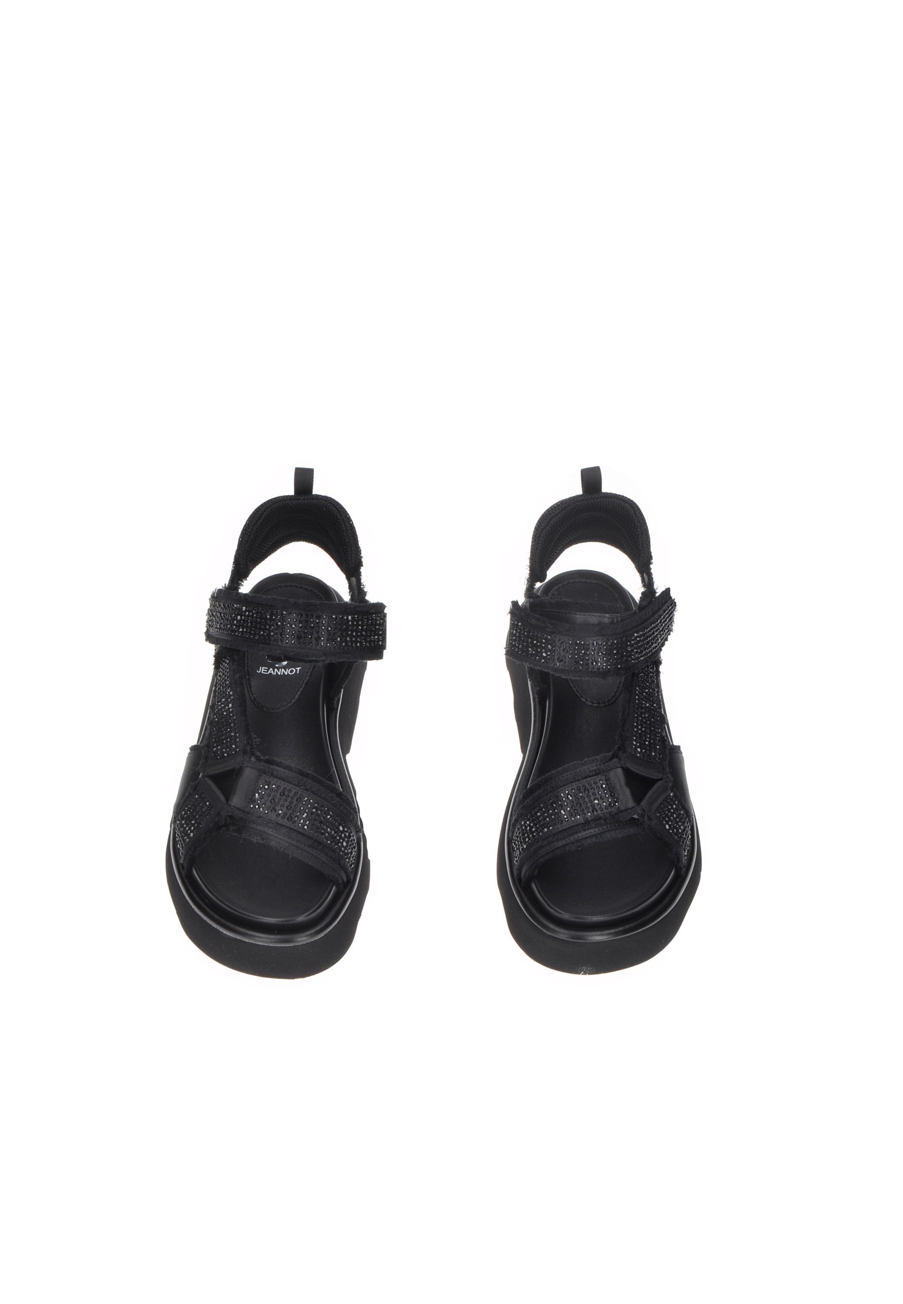 TJ522 Sandalo JEANNOT black sandals with velcro strap and rhinestone details, cushioned footbed, rubber sole.