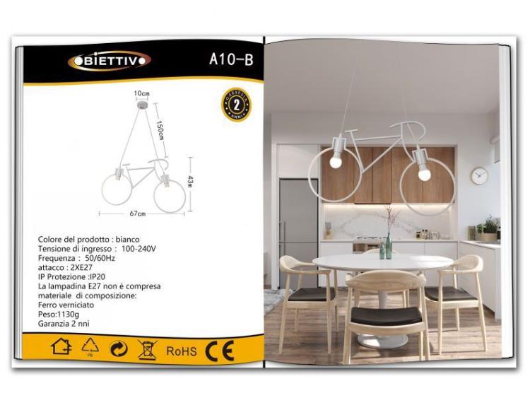 Bicycle-Shaped Pendant Light in White Metal with 2 E27 Sockets 
