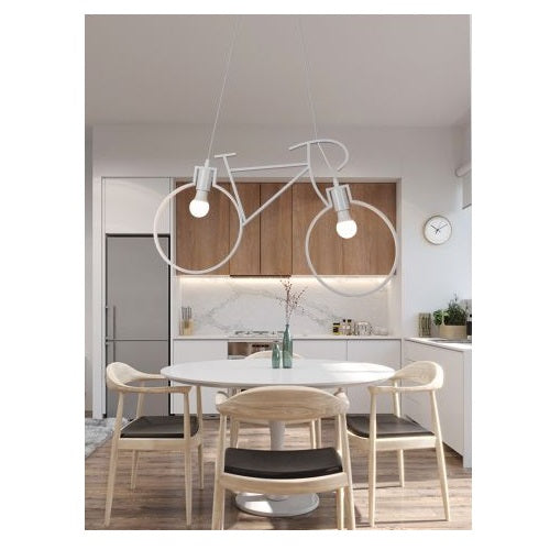 Bicycle-Shaped Pendant Light in White Metal with 2 E27 Sockets 