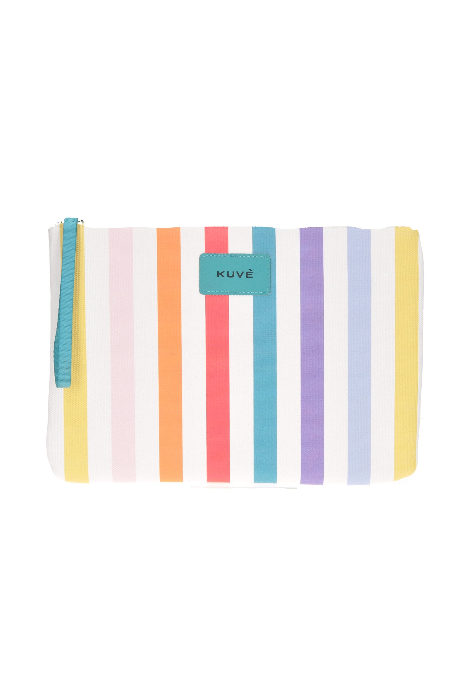 Colorful striped KUVE pochette beach bag with zipper closure, perfect for beach days and versatile use.