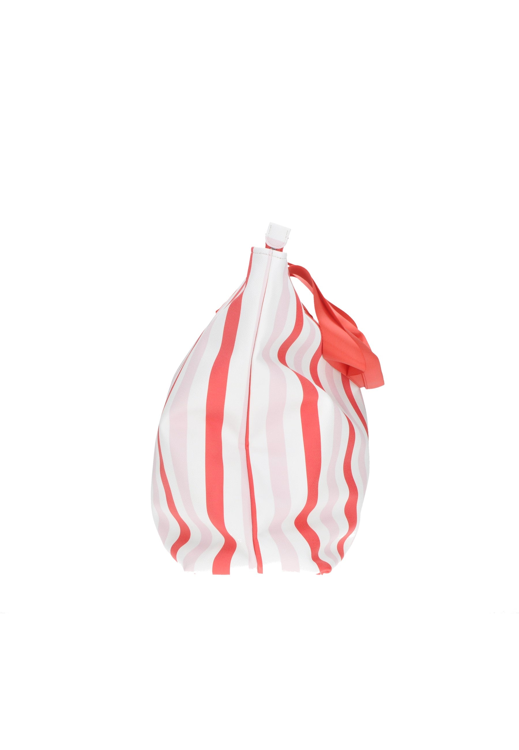 Shopping KUVE' eco-leather bag with red and white stripes, stylish and spacious for beach outings and shopping.