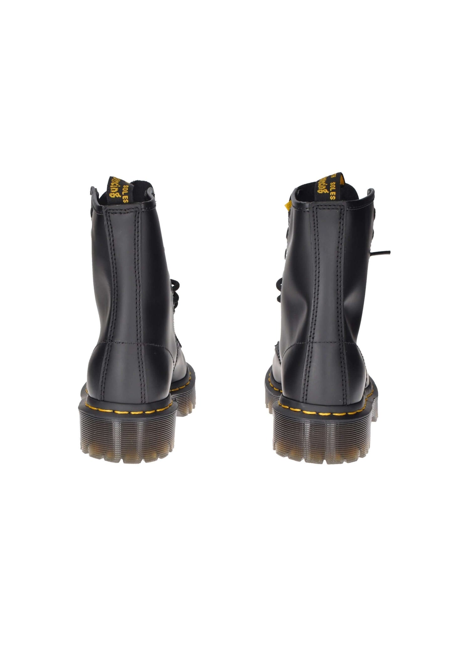 Rear view of Dr. Martens 1460 Bex boots in black leather with lace closure and chunky rubber sole.