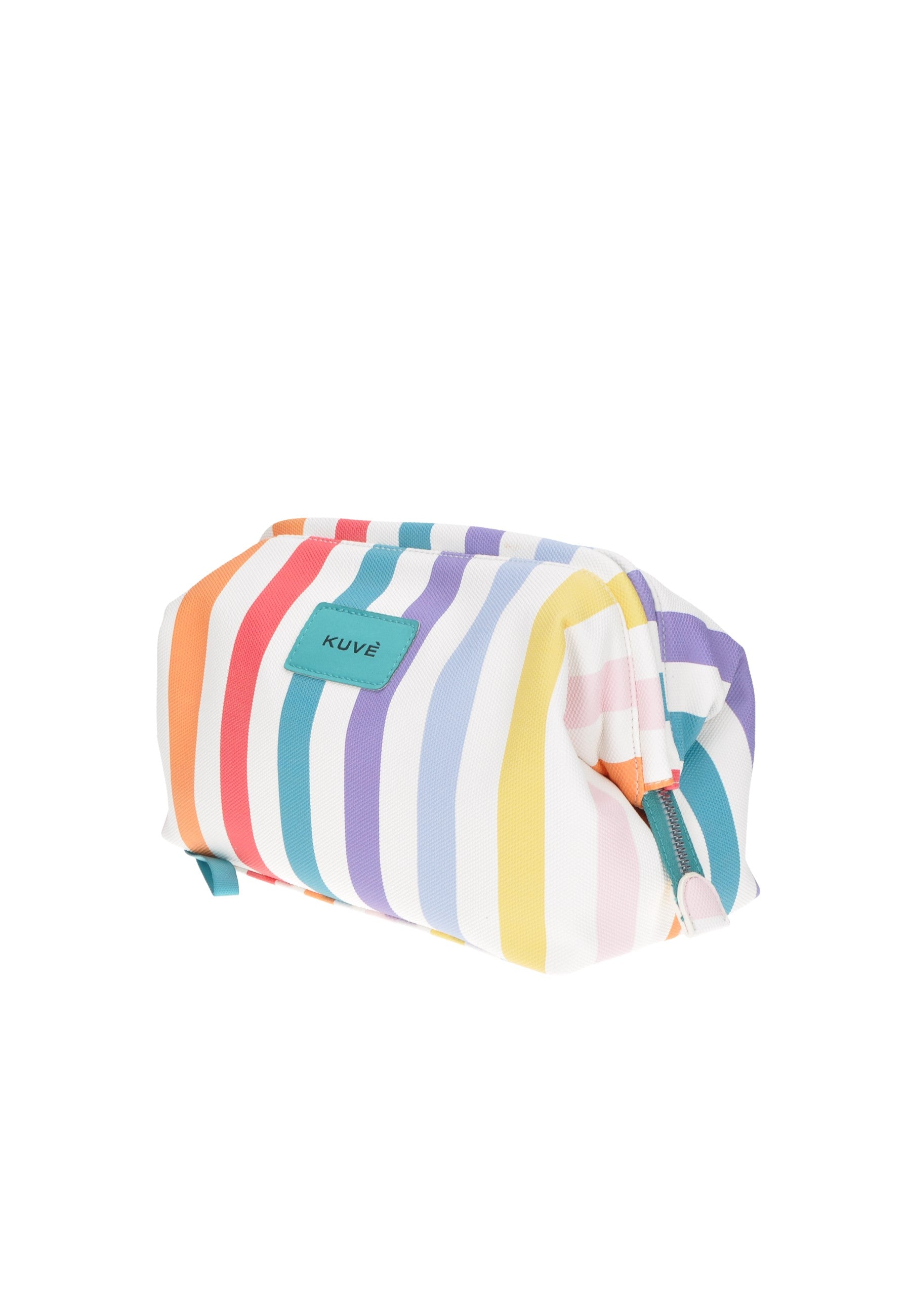 Colorful striped KUVE pochette, ideal for beach lunches or as a small cooler bag, dimensions 24x17x13 cm.