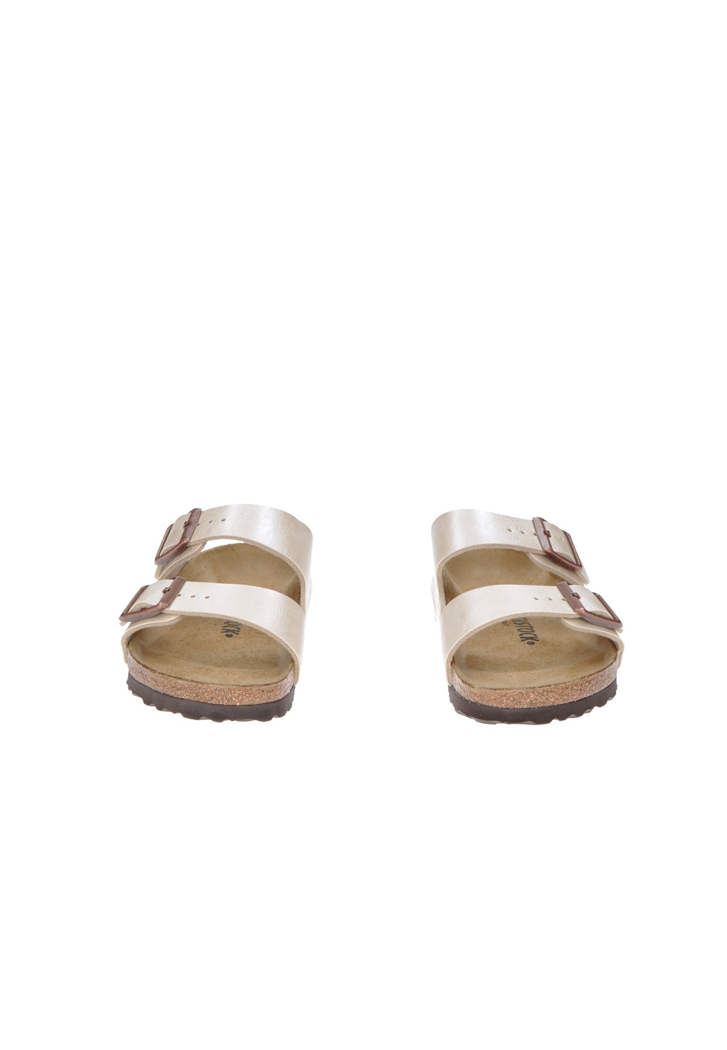 Sandalo Arizona BIRKENSTOCK in metallic Birko-Flor con due cinturini regolabili e plantare in sughero e lattice.