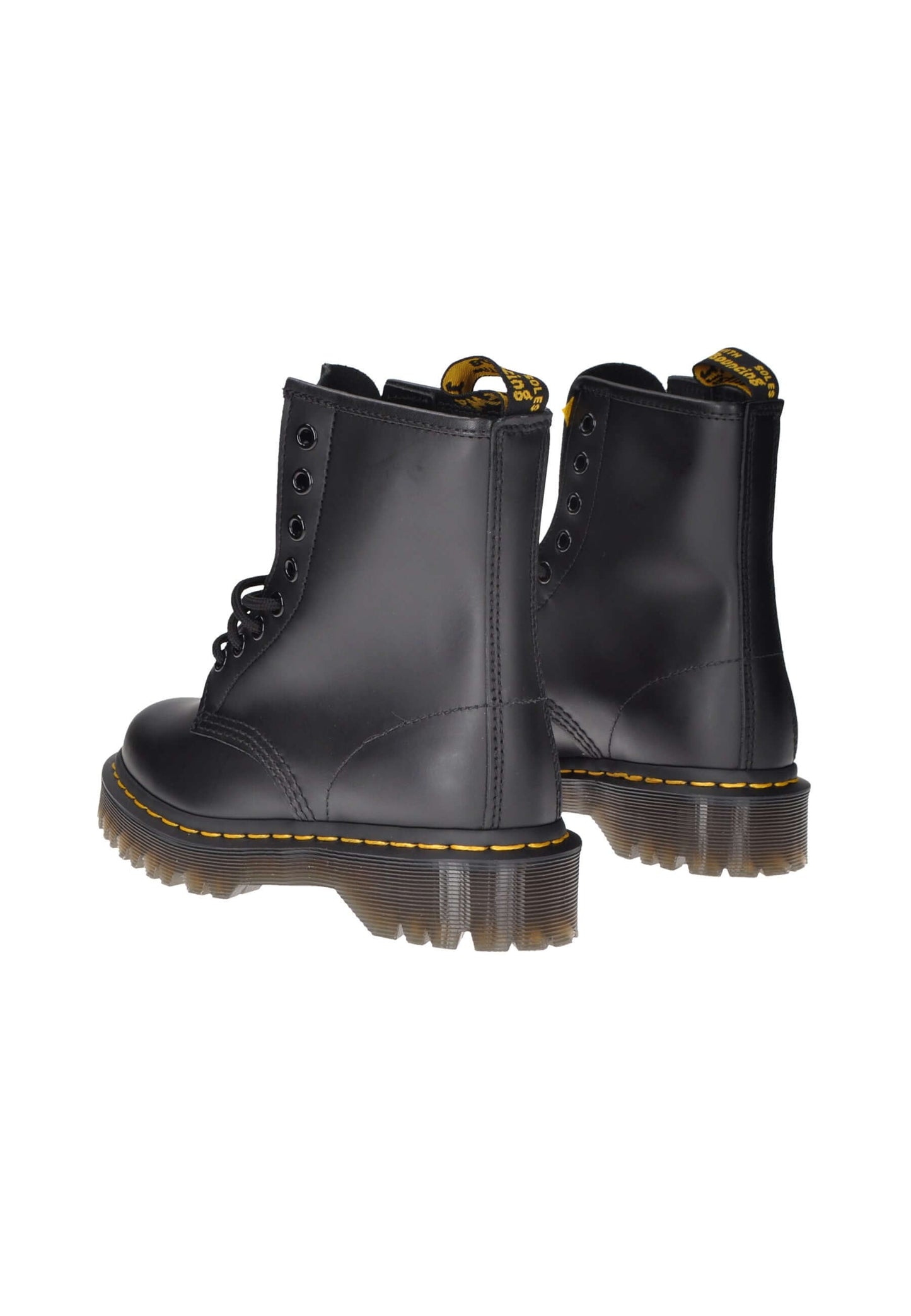 Dr. Martens 1460 Bex black leather boots with lace-up closure and rubber sole, showcasing a rock-style design.