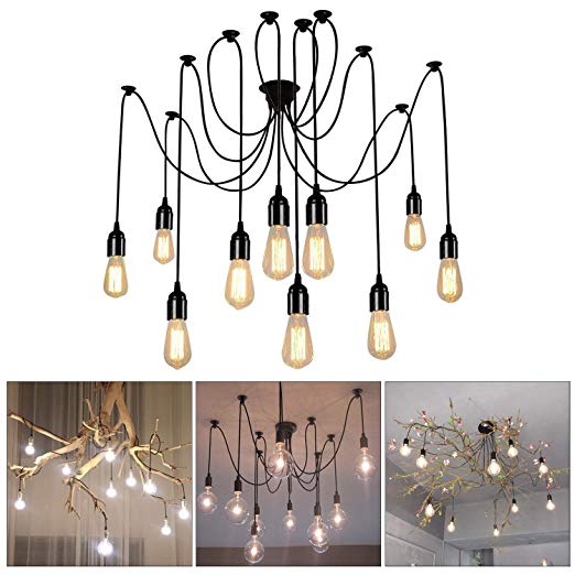 12-Pendant Adjustable Pendant Chandelier Black E27 Vintage Spider Lamp