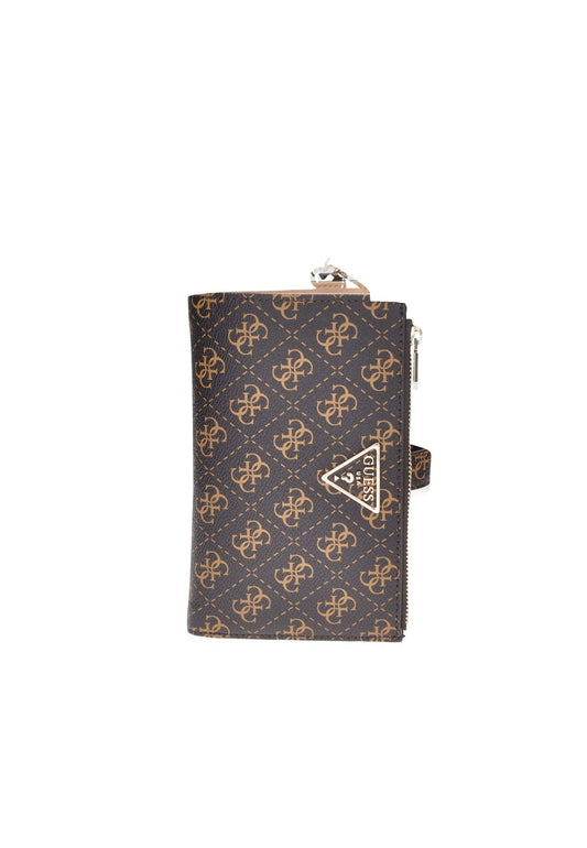 Portafoglio GUESS in ecopelle nera con logo dorato e chiusura a zip, design elegante e sostenibile.