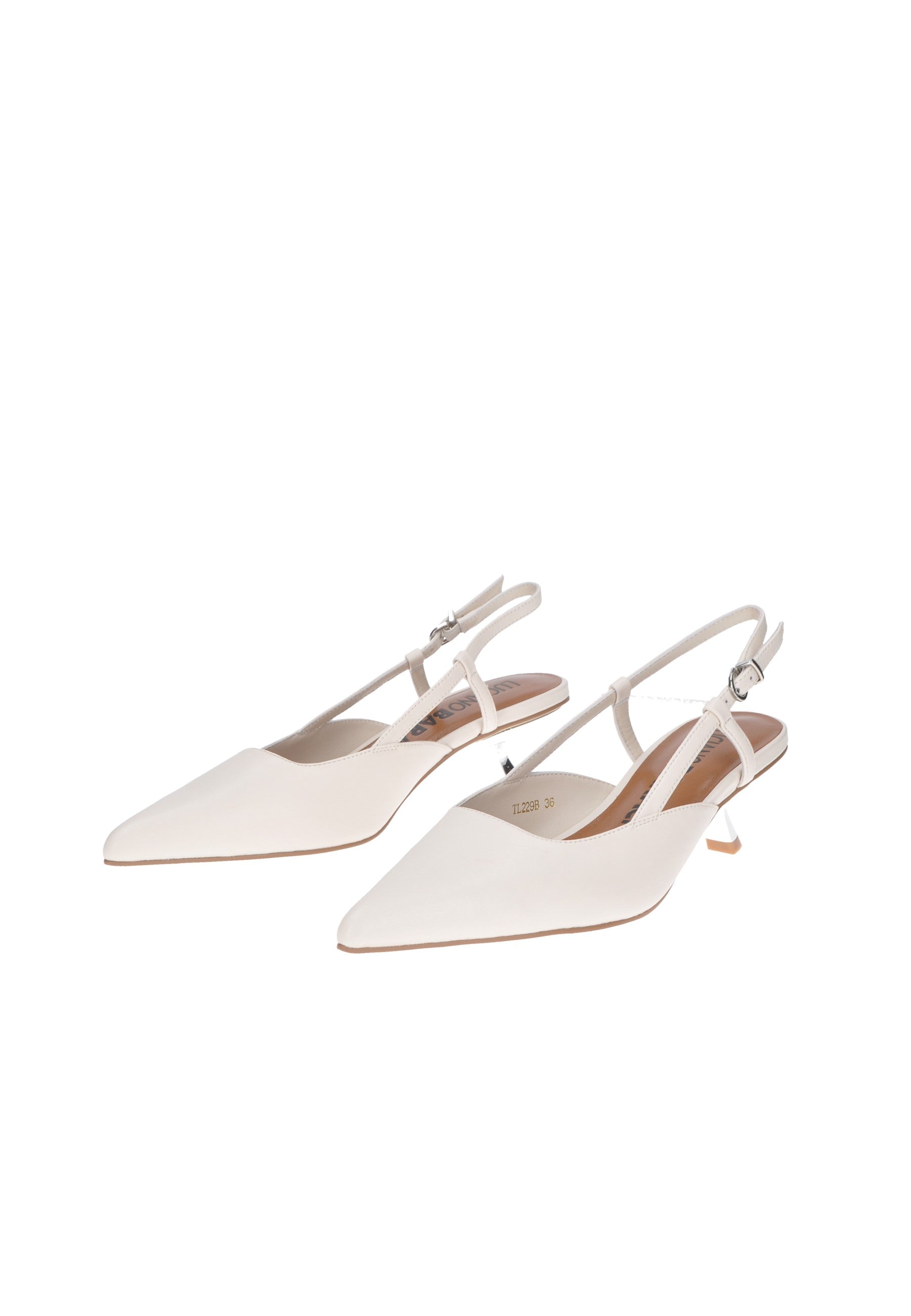TL229 Decollete aperto dietro LUCIANO BARACHINI, scarpe eleganti in pelle bianca con tacco alto.