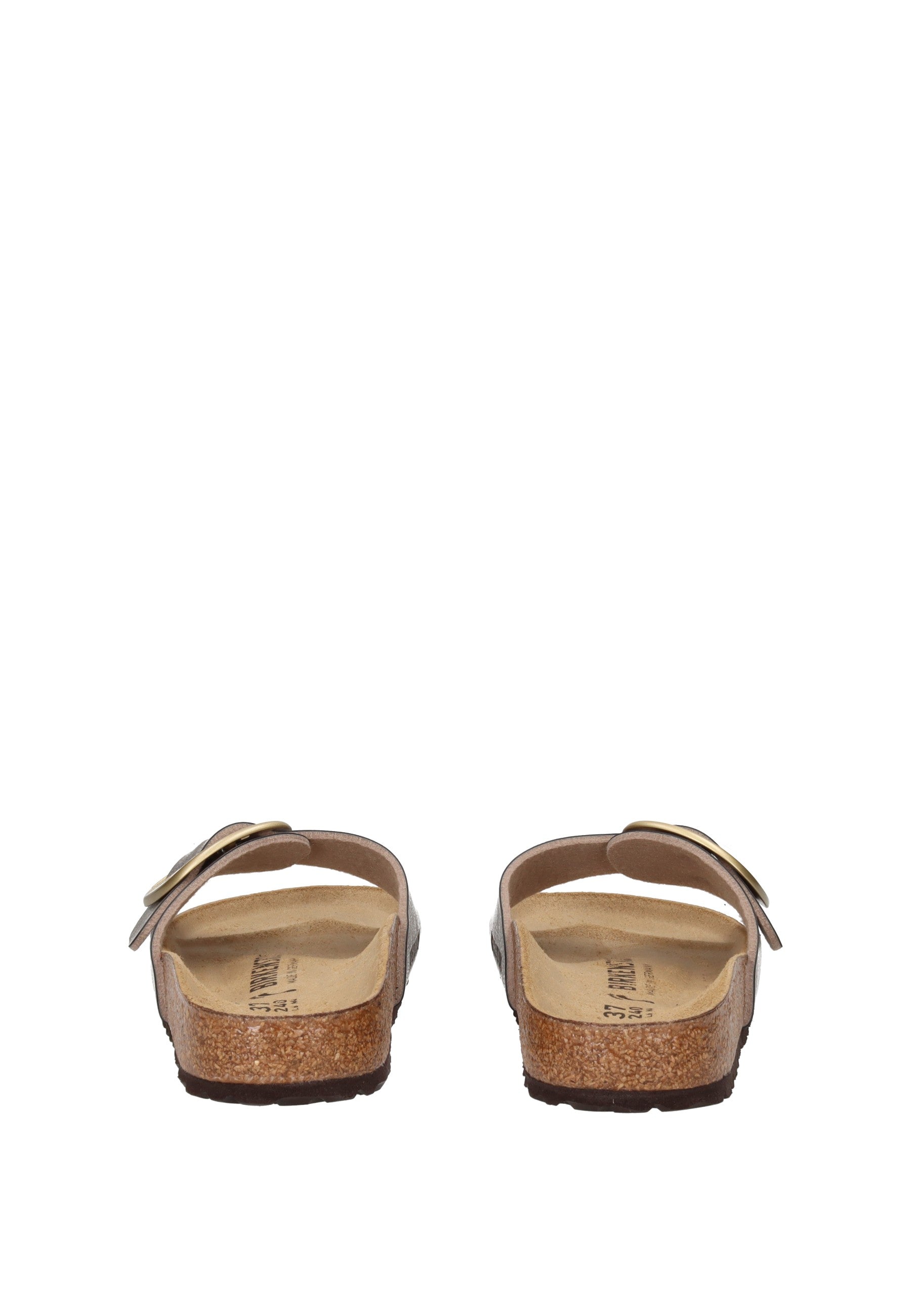 1016237 Sandalo BIRKENSTOCK, vista posteriore del sandalo Madrid Big Buckle con suola in sughero.