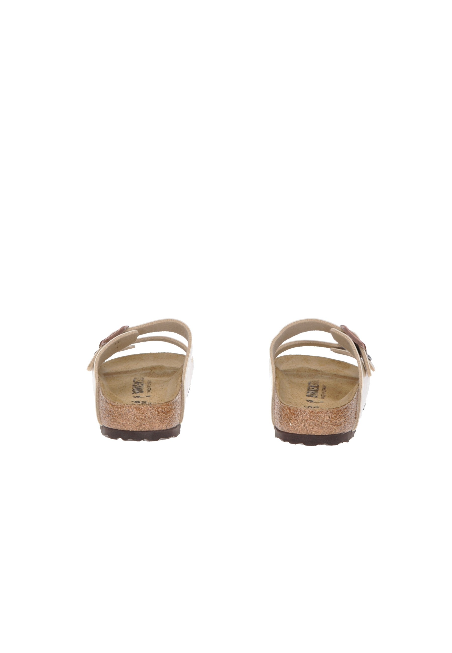 Rear view of Birkenstock Arizona sandals with adjustable metal buckles, featuring Birko-Flor® upper and cork-latex footbed.
