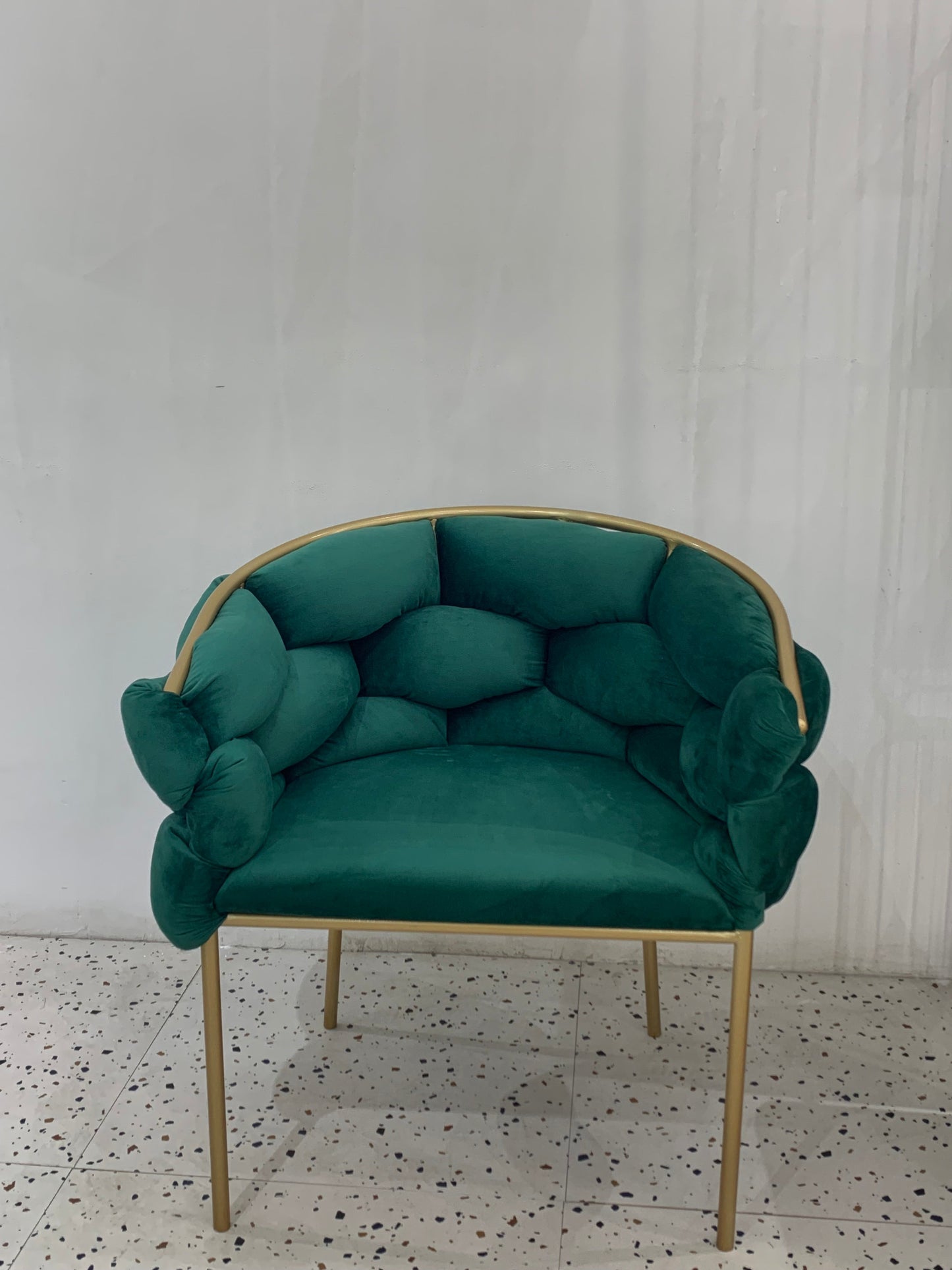 "Soccer Ball" Armchair with Grey Plush Fabric Upholstery and Golden Iron Base - Dimensions 67x59x75