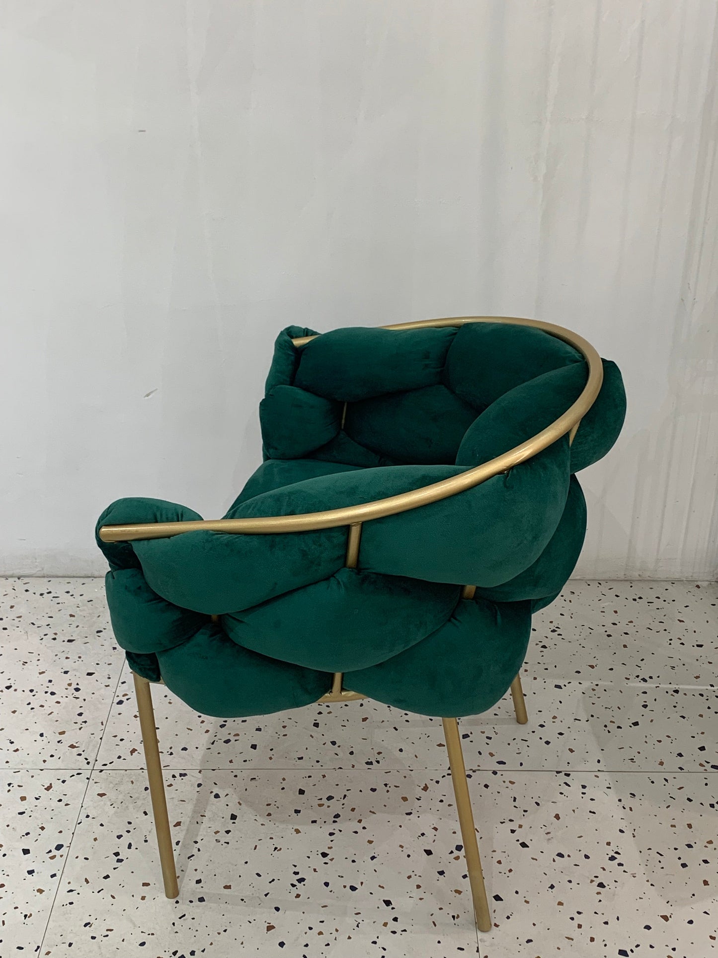 "Soccer Ball" Armchair with Grey Plush Fabric Upholstery and Golden Iron Base - Dimensions 67x59x75