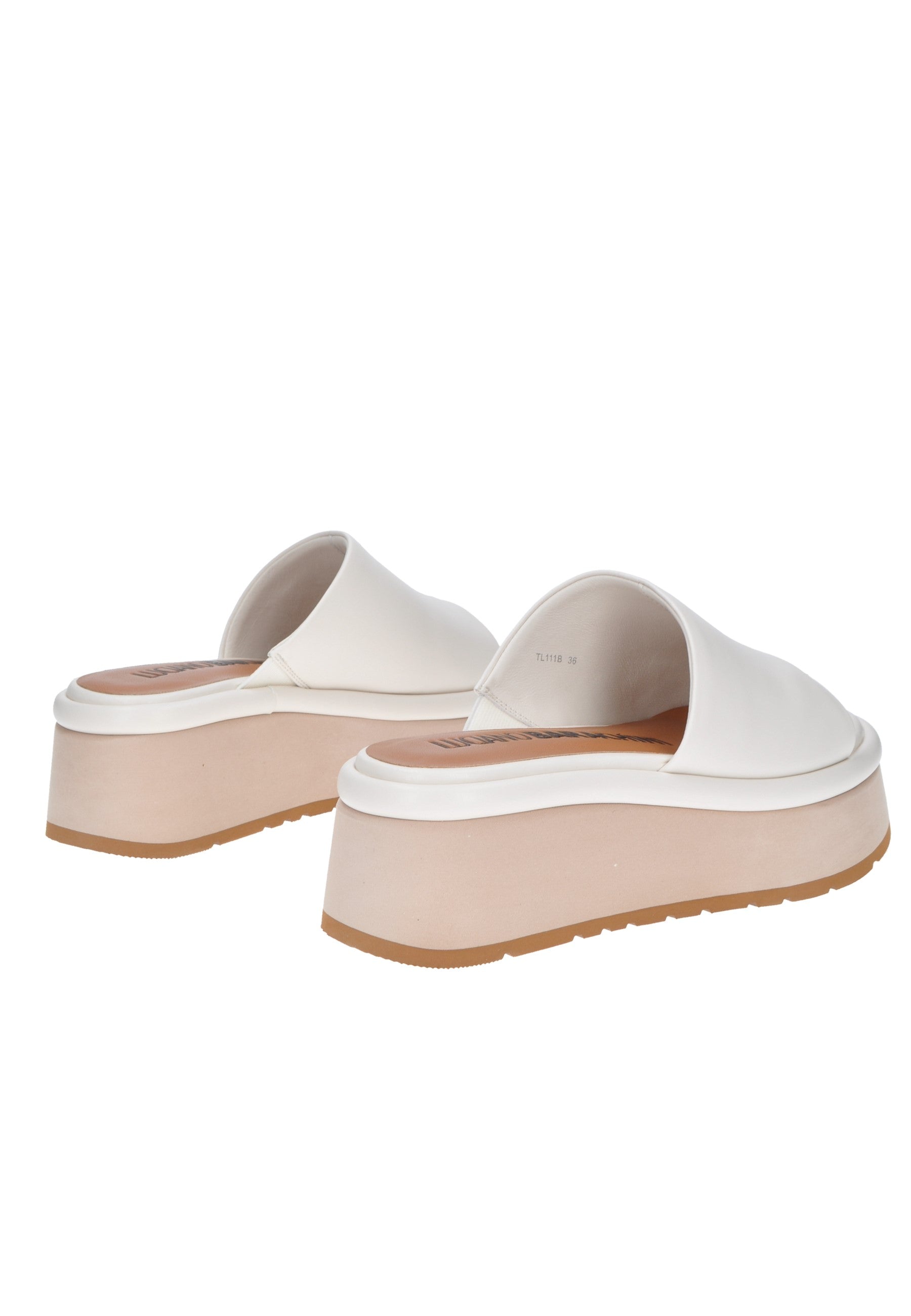 Back view of TL111 Sandalo LUCIANO BARACHINI, a stylish white sandal with a 7 cm rubber platform for comfort and stability.