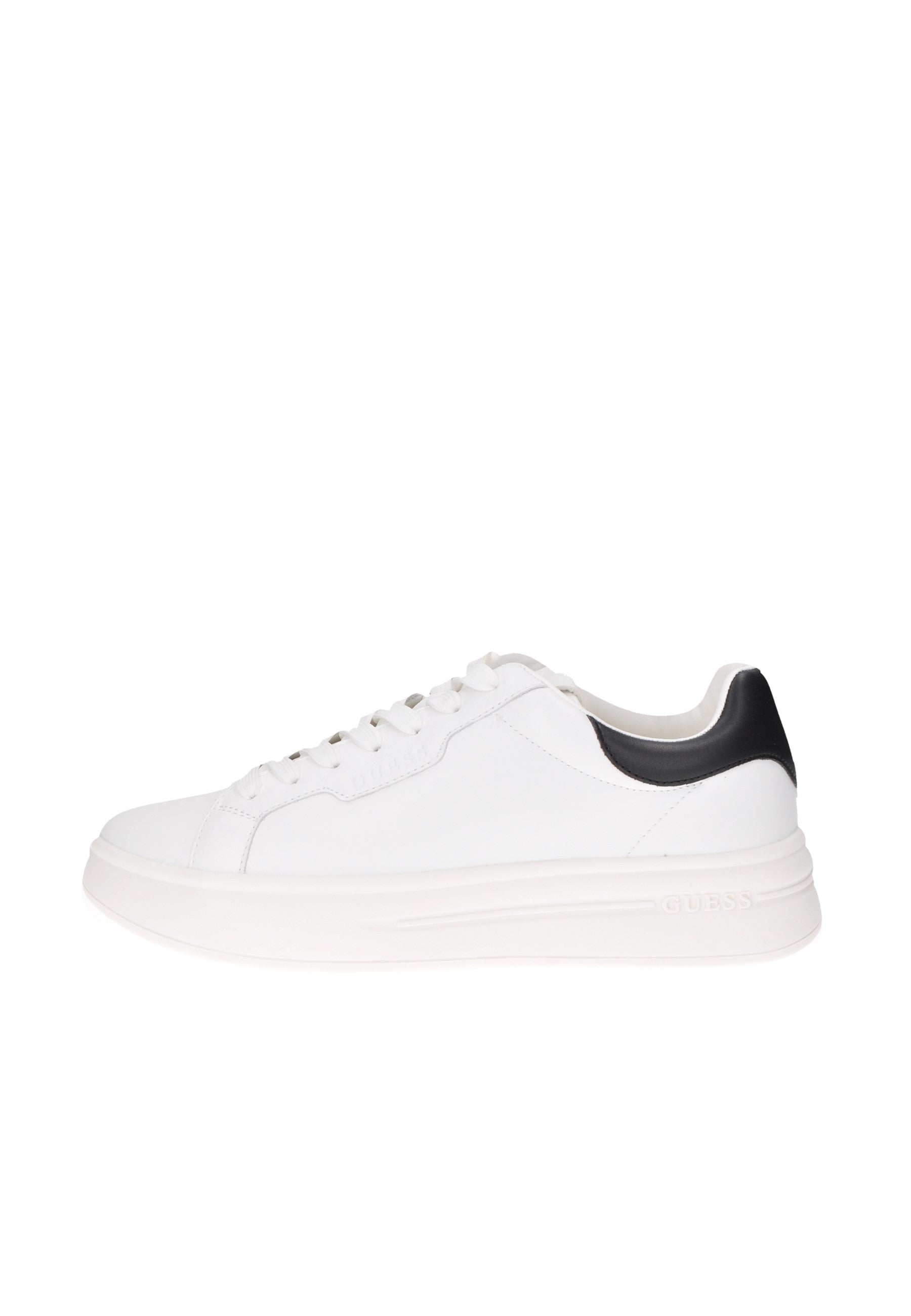 White GUESS sneakers with black heel detail, featuring a lace-up closure and cushioned sole for comfort.