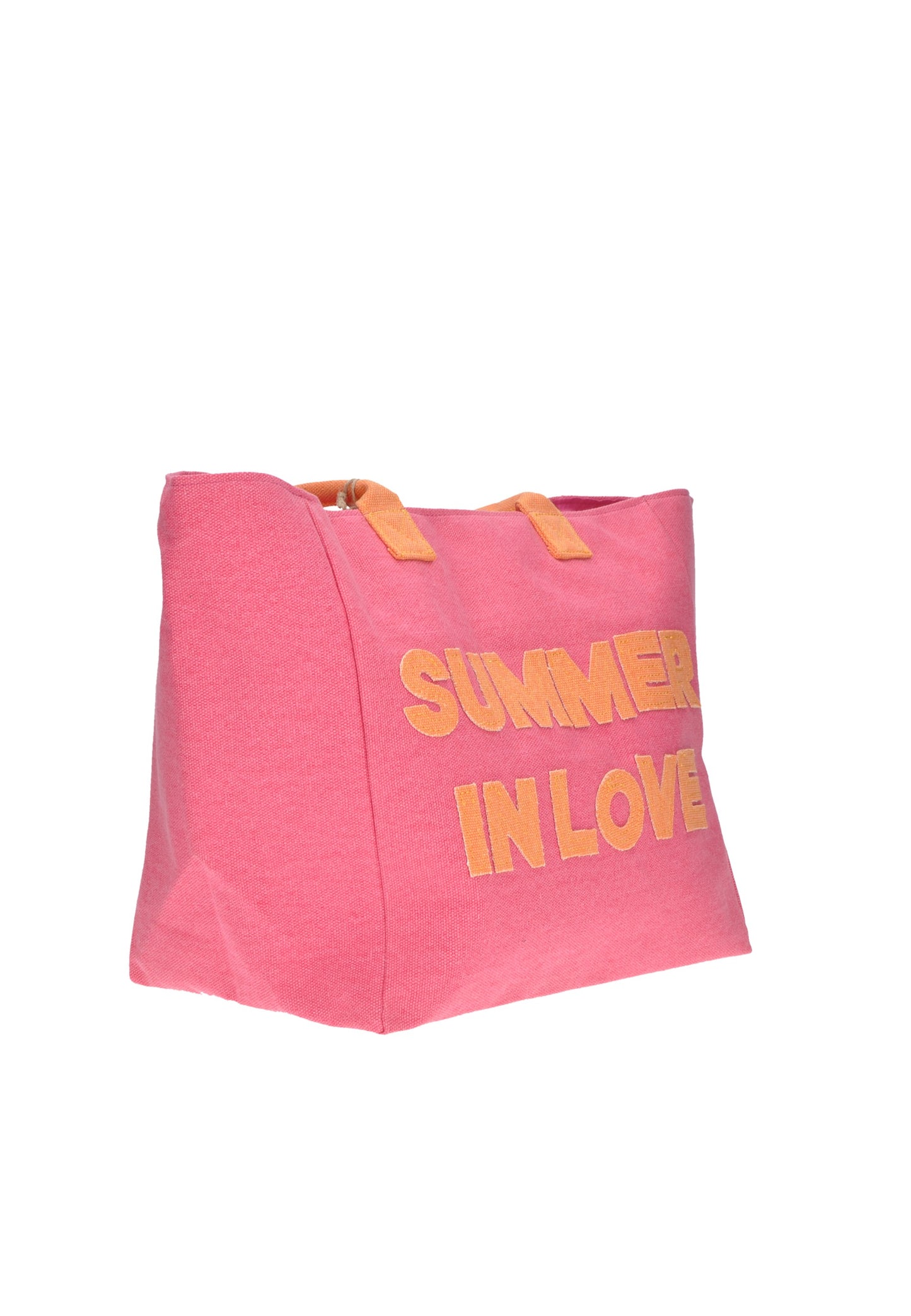 Pink shopping bag with 'SUMMER IN LOVE' print and orange handles, perfect for beach outings.
