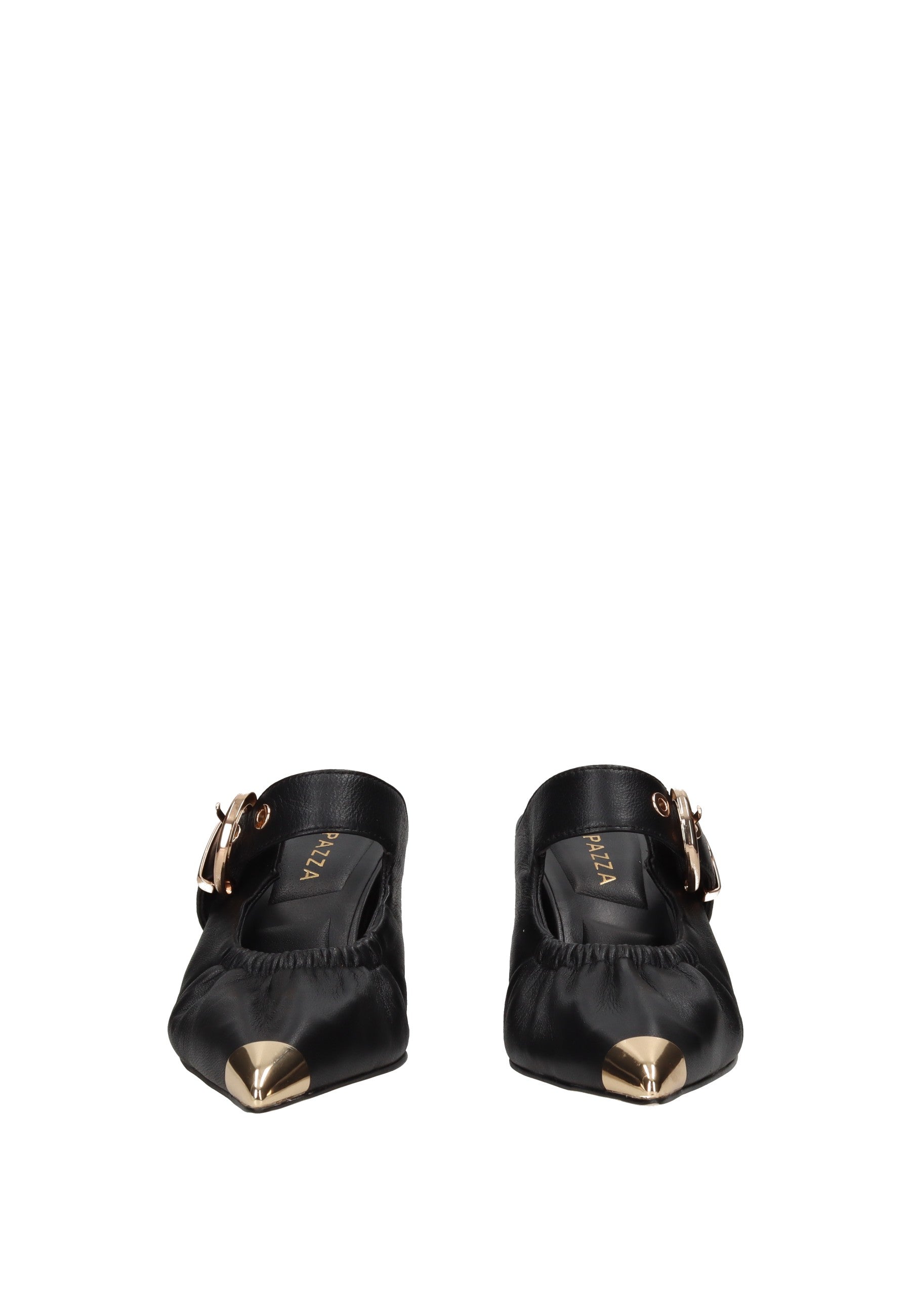 S6GLOW03/LEA Sandalo APEPAZZA black satin slingback with gold accents and pointed toe.