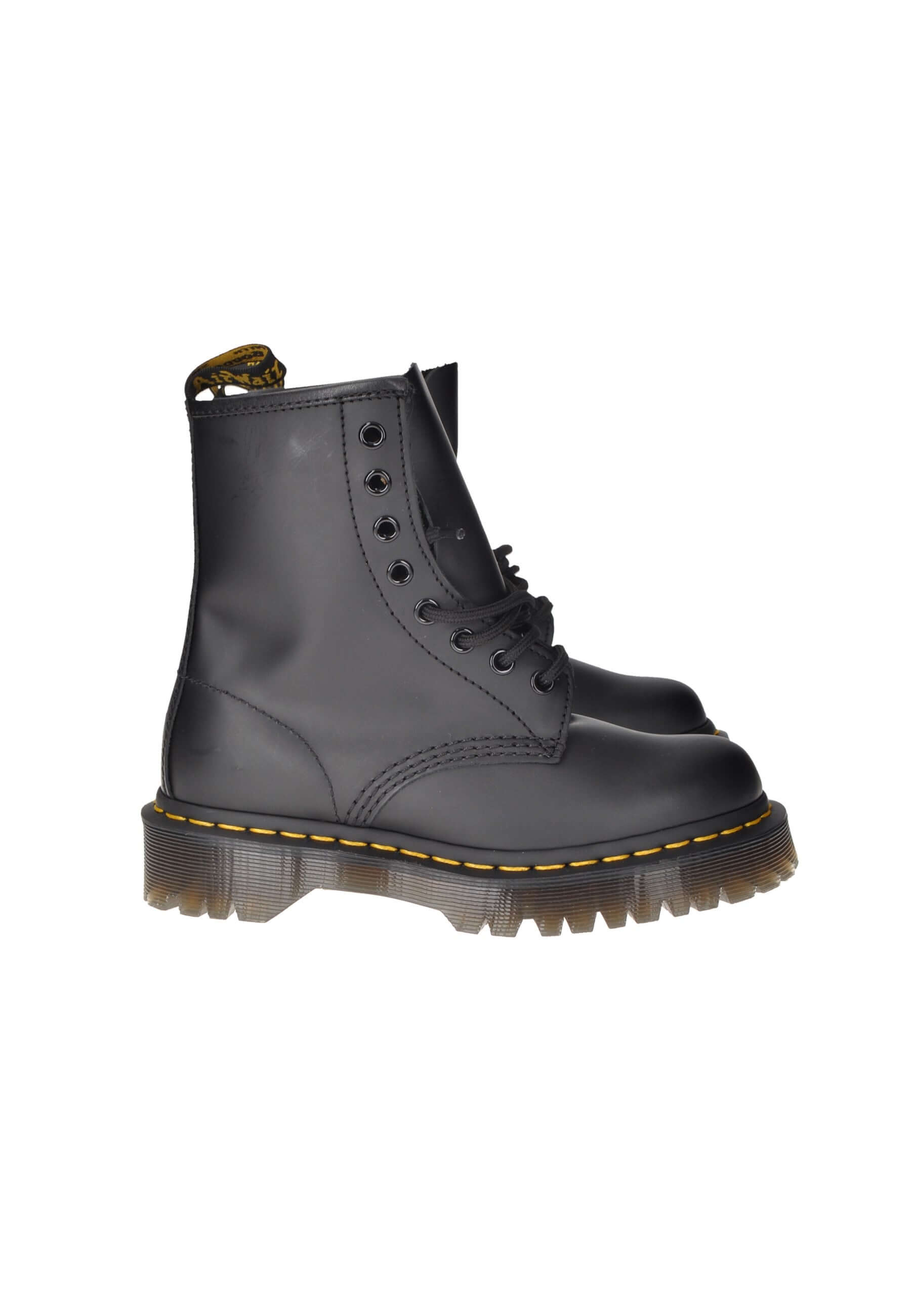 Dr. Martens 1460 Bex black leather boots with lace-up closure and durable rubber sole.