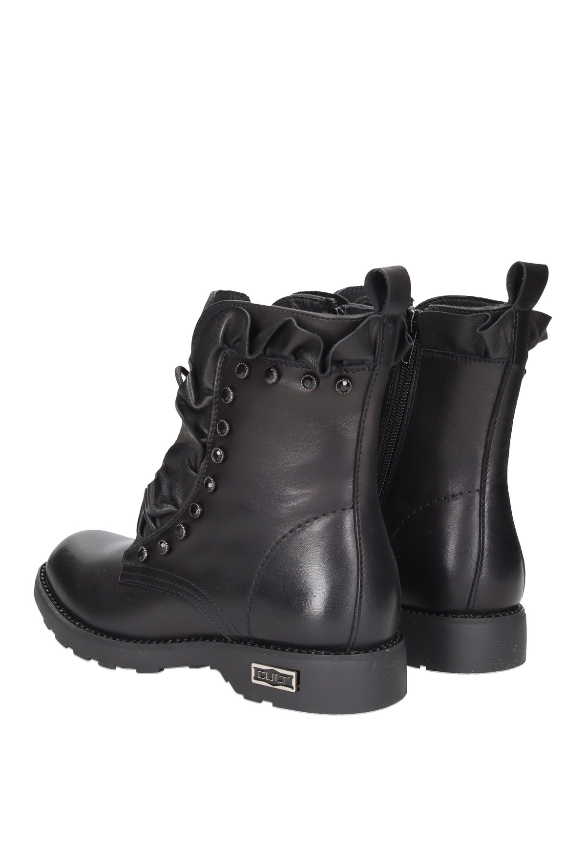 CLW320200 Boot CULT black leather mid boots with laces and side zipper, featuring ruffles and studs.