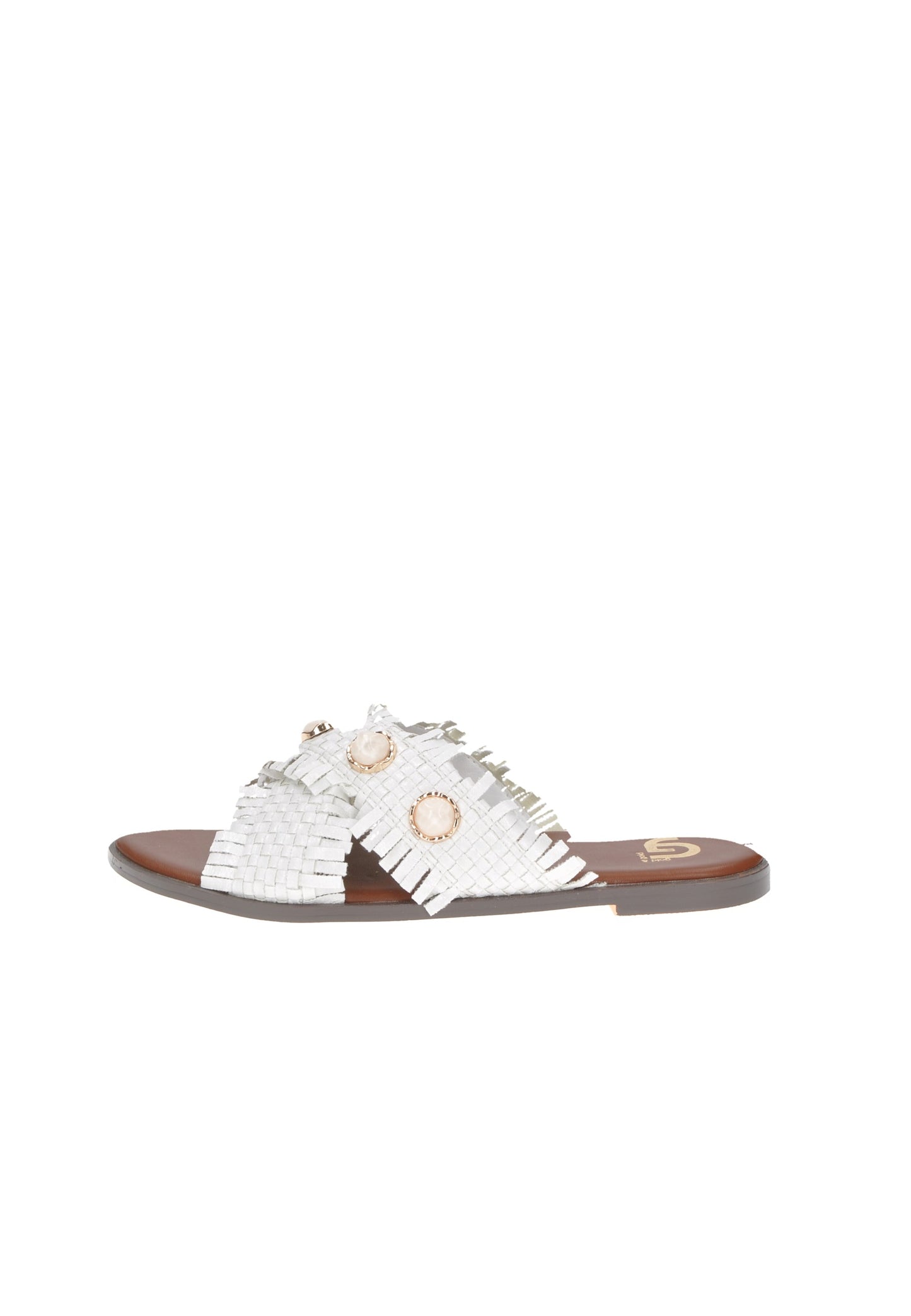 Stylish white sandals with decorative fringes and embellishments on a brown sole, ideal for summer outfits.