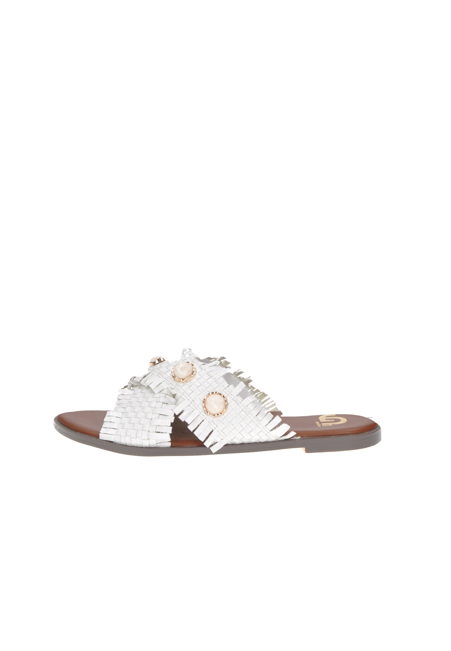 Stylish white sandals with decorative fringes and embellishments on a brown sole, ideal for summer outfits.