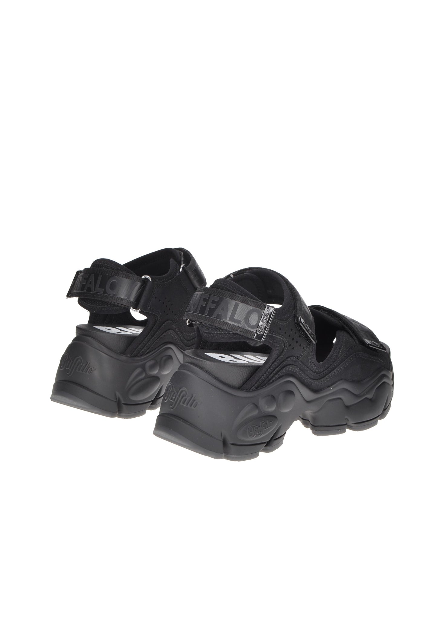 Rear view of BN1602196 Buffalo sandals in black, featuring adjustable velcro straps and cushioned sole.