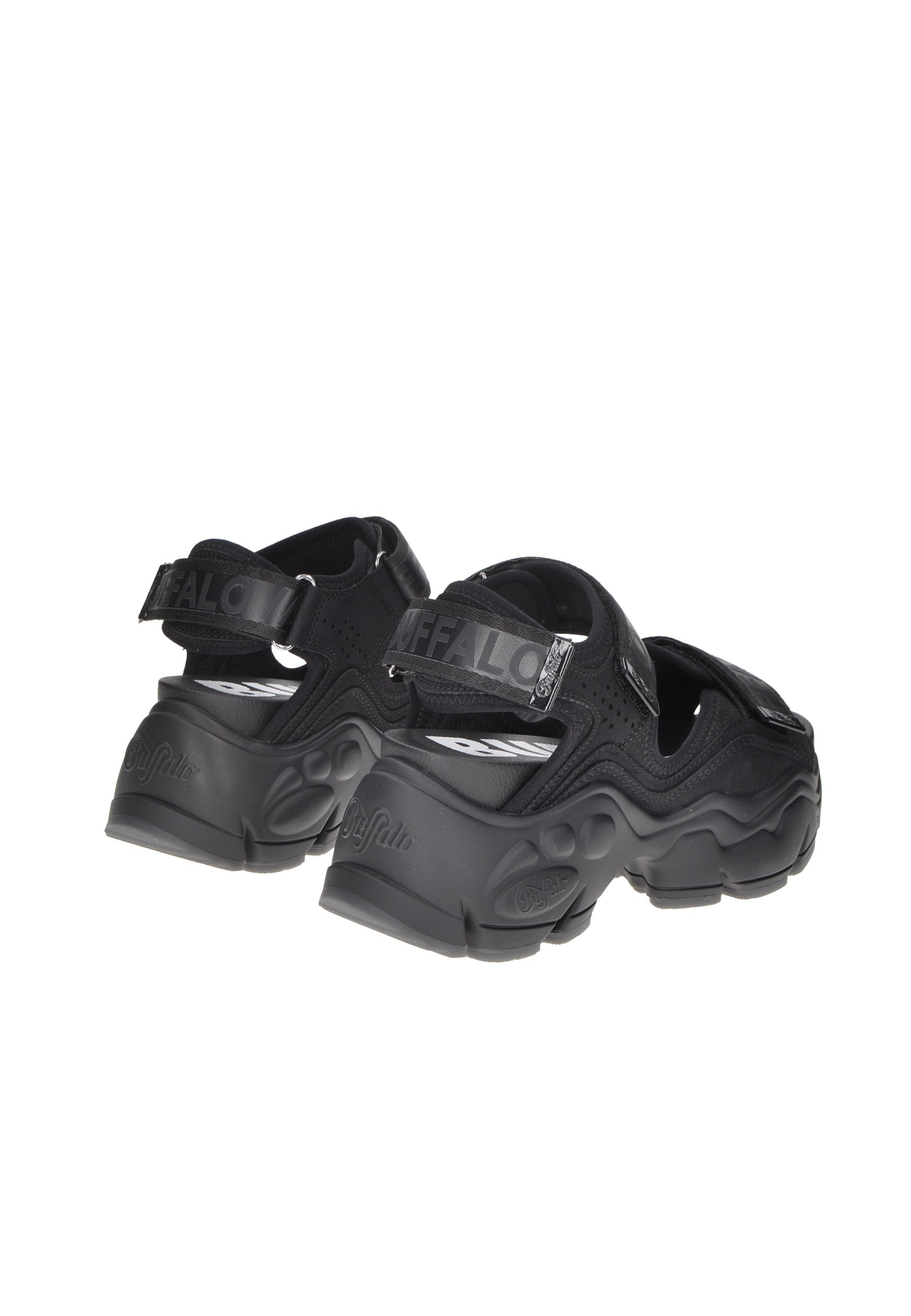 Rear view of BN1602196 Buffalo sandals in black, featuring adjustable velcro straps and cushioned sole.