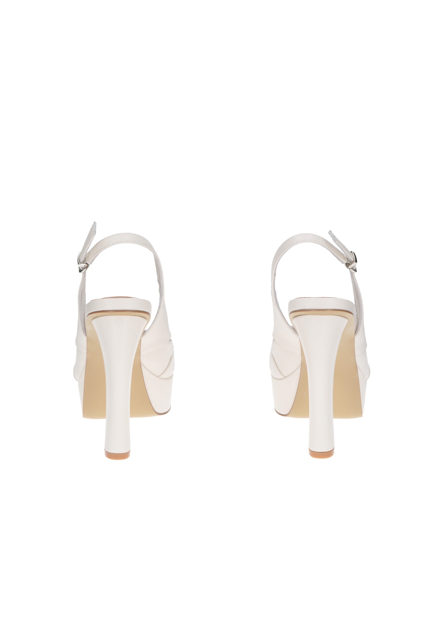 Rear view of LUCIANO BARACHINI white leather sandals with high heels and ankle strap.