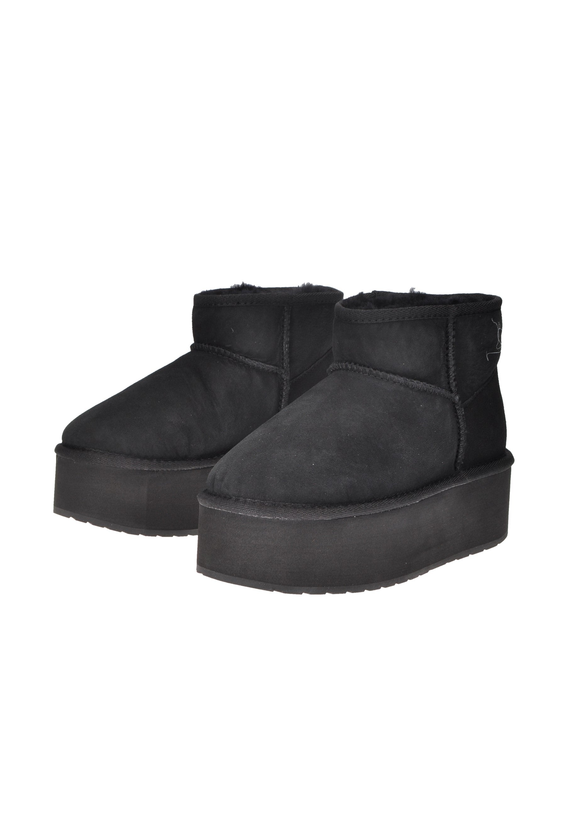 W13082 Boot EMU AUSTRALIA, stivali neri in montone con suola alta e comoda.