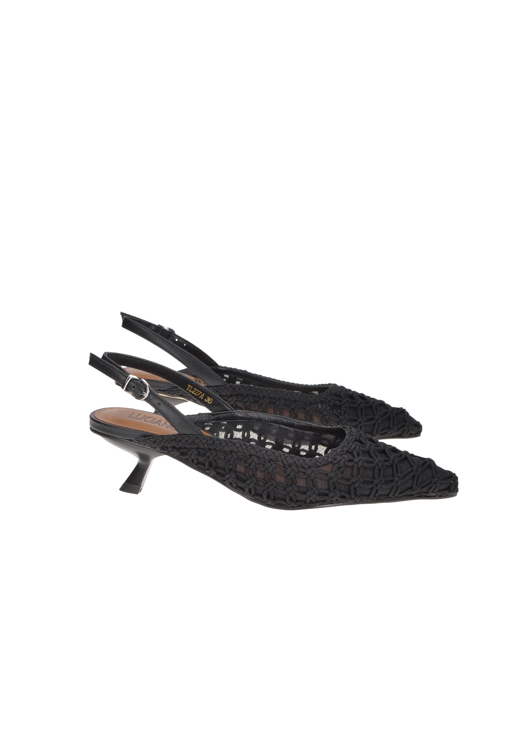 Black open back slingback heels with intricate lace design and 6 cm heel from LUCIANO BARACHINI.