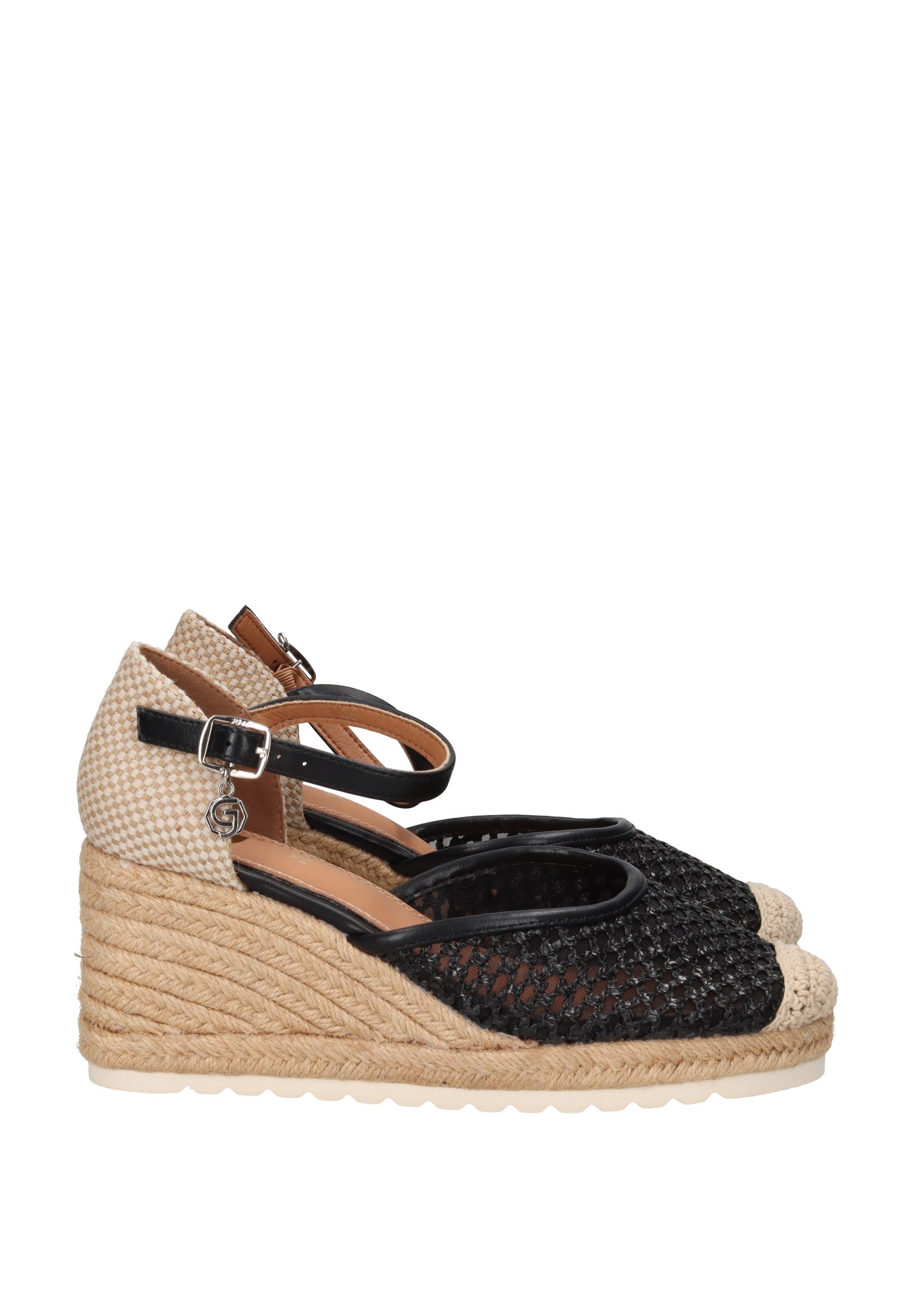 GH112 Espadrillas GOLD&GOLD in black and tan, featuring a high wedge and ankle strap for summer style and comfort.