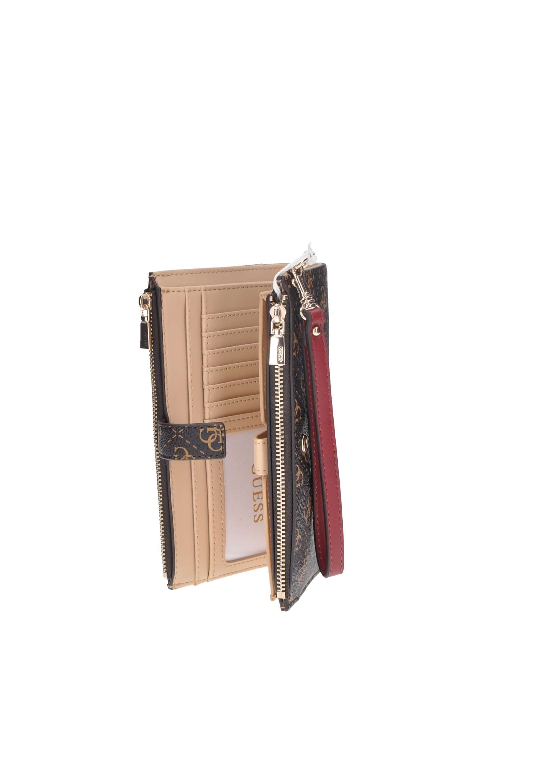 GUESS eco-leather wallet, featuring gold hardware, zipper closure, and multiple card slots, styled elegantly.