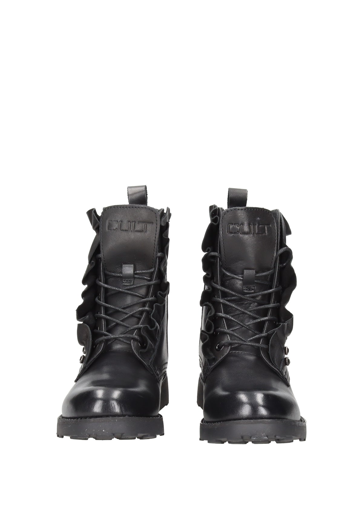 CLW320200 Boot CULT in black leather with lace and side zipper, ruffle detailing and padded insole