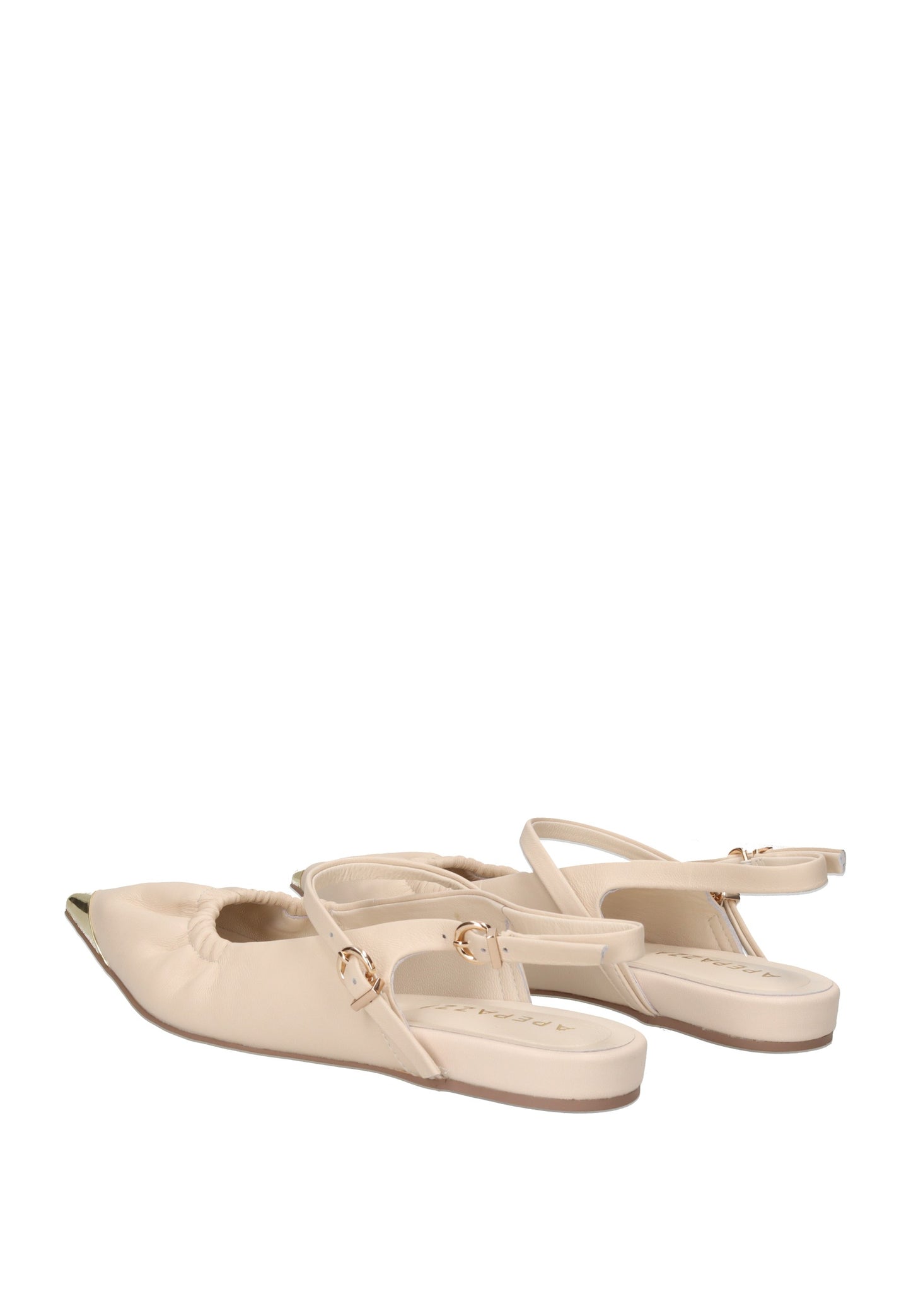 S6PETAL01/LEA Ballerina APEPAZZA beige shoes with ankle and heel straps, featuring a pointed toe and memory foam insole.