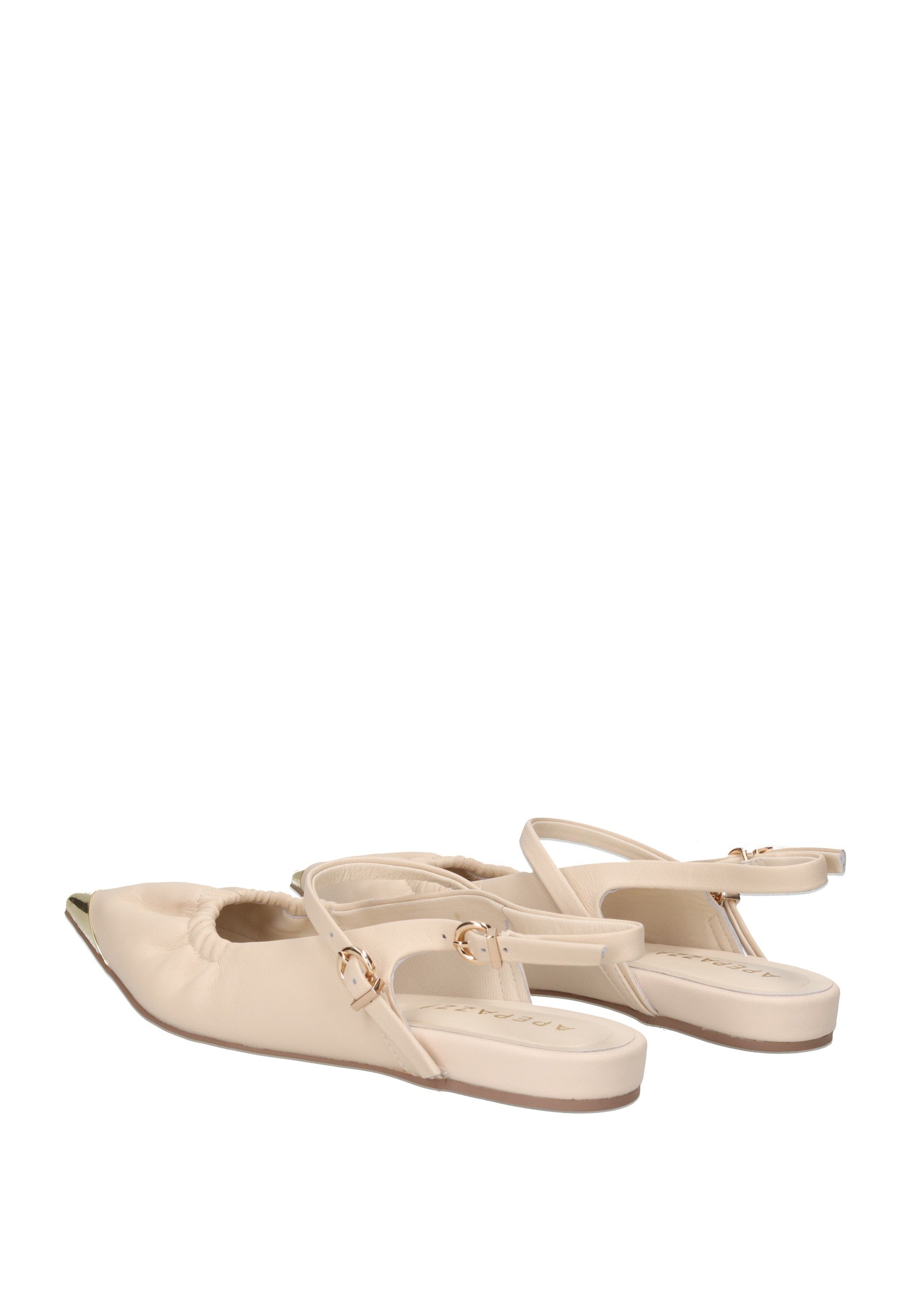 S6PETAL01/LEA Ballerina APEPAZZA beige shoes with ankle and heel straps, featuring a pointed toe and memory foam insole.