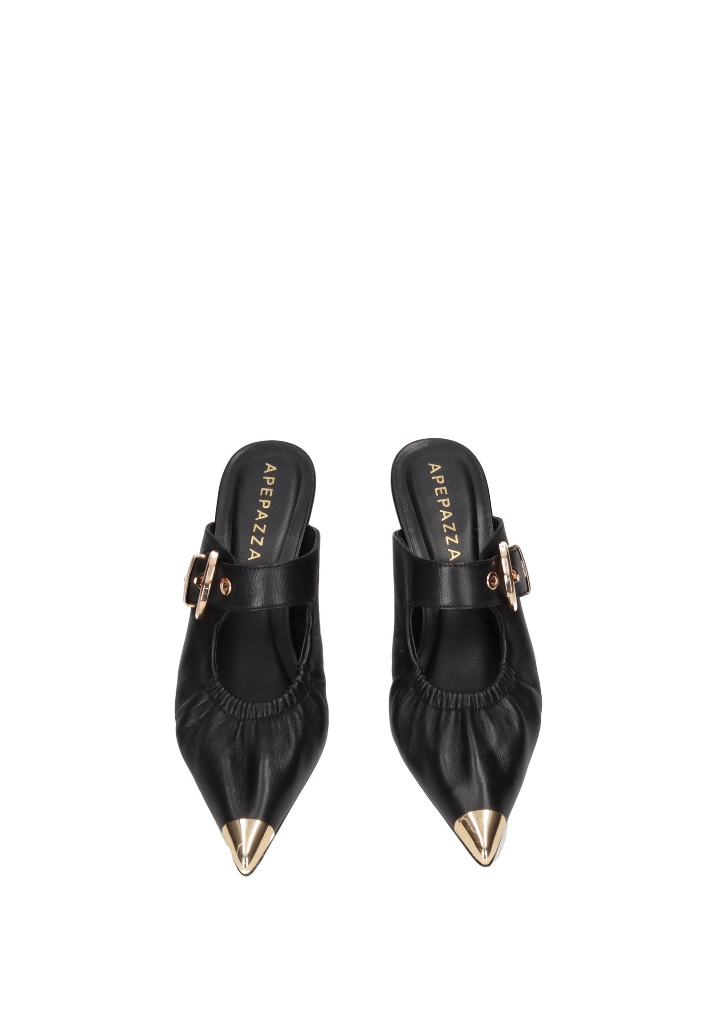 S6GLOW03/LEA Sandalo APEPAZZA black leather sandal with gold tip and adjustable buckle