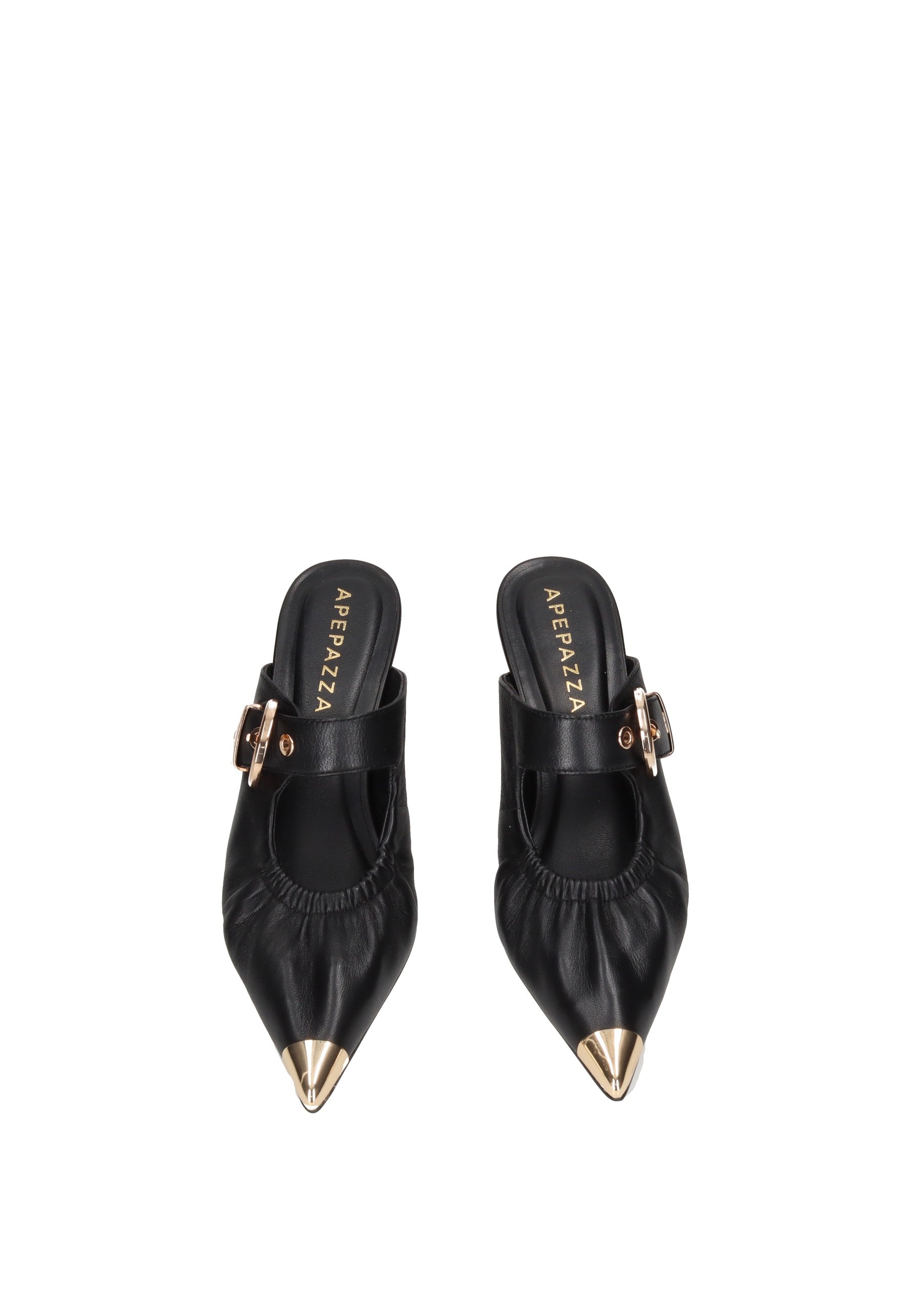 S6GLOW03/LEA Sandalo APEPAZZA black leather sandal with gold tip and adjustable buckle