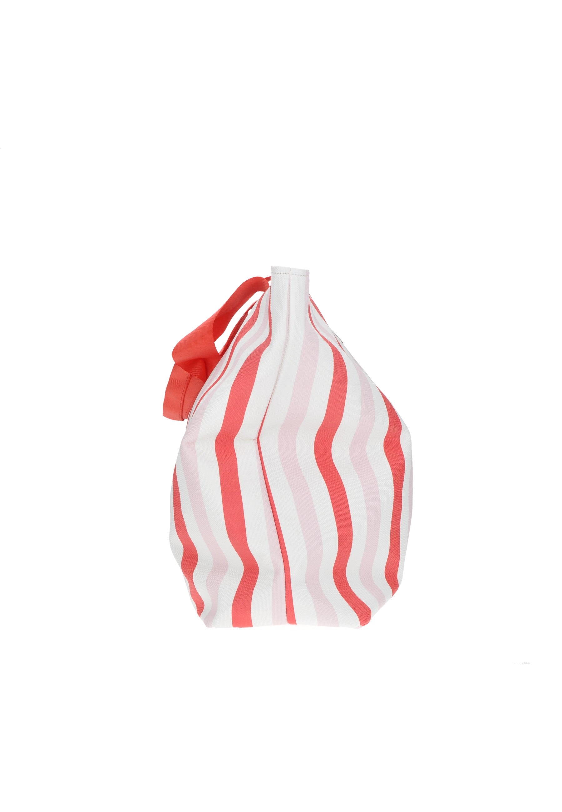 Striped coral and white shopping bag with handle, perfect for stylish errands and trips.