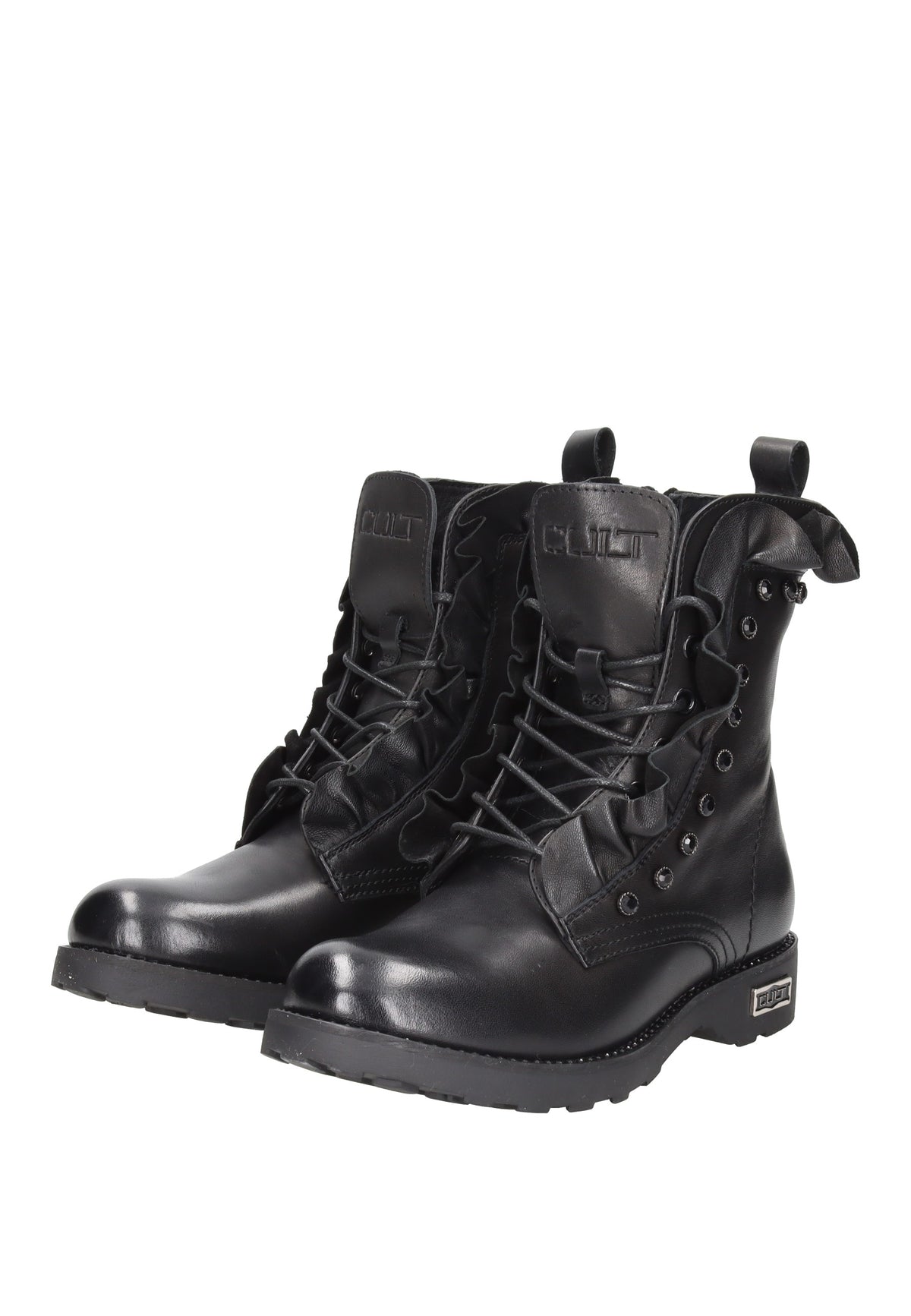 CLW320200 Boot CULT in black leather with laces, side zipper, and decorative ruffles.