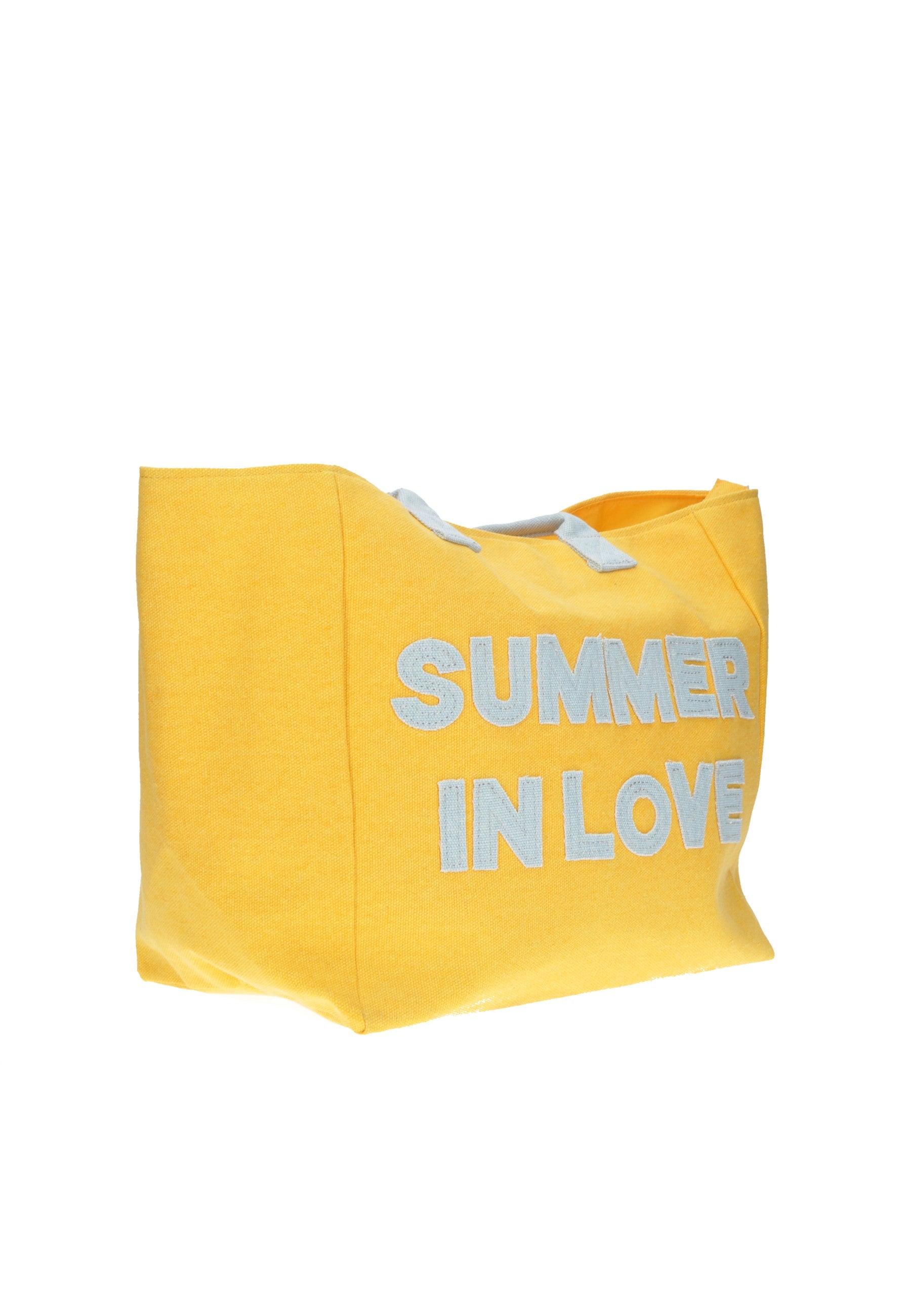 Yellow shopping bag with 'SUMMER IN LOVE' text, perfect for beach outings.